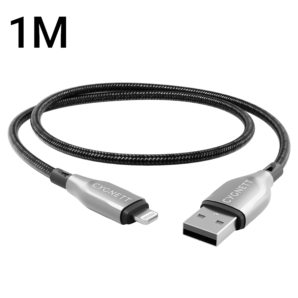 Cavo USB a Lightning nero e argento. Il cavo è lungo un metro. Il marchio 'CYGNETT' è sui connettori.