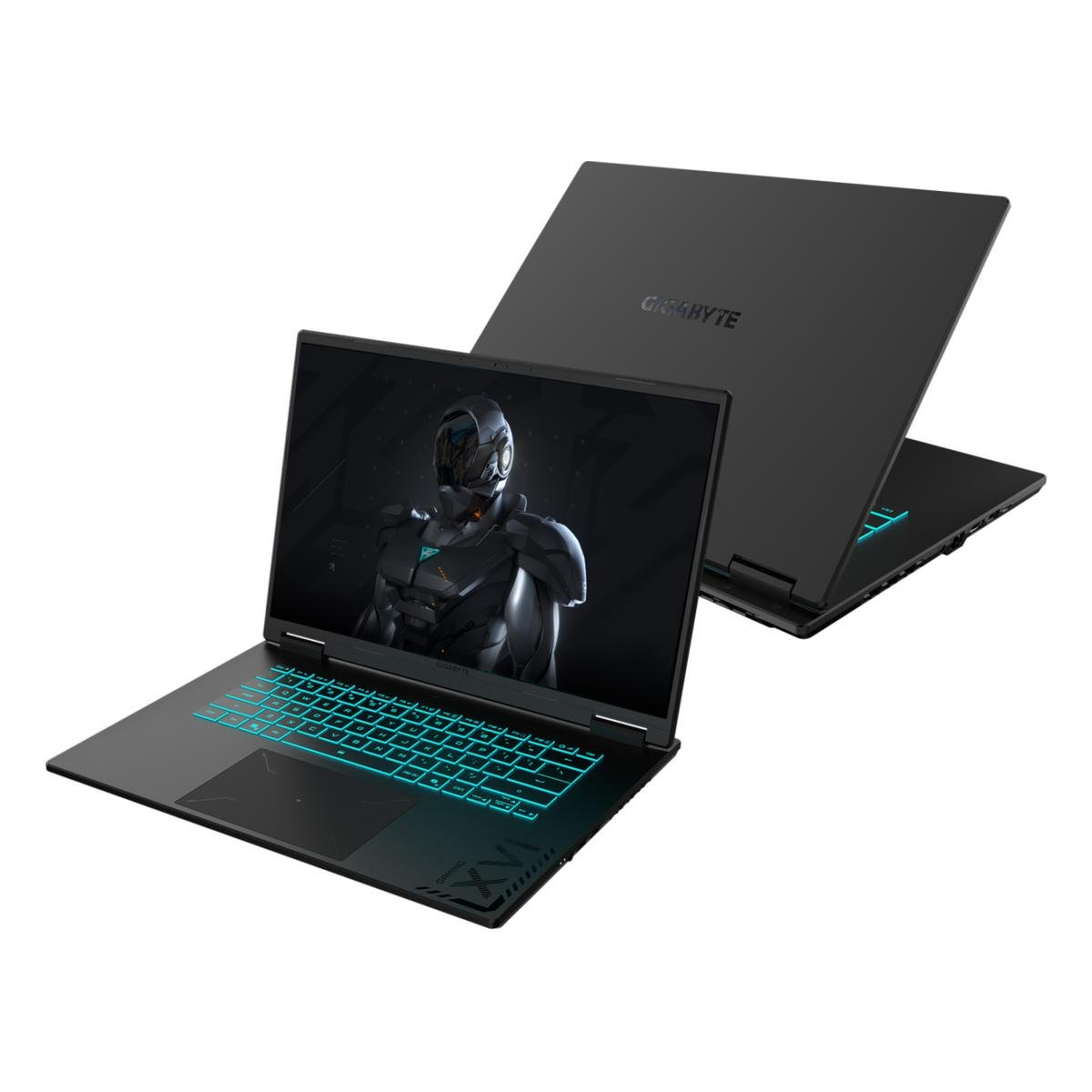 Zwei schwarze Laptops. Einer offen mit beleuchteter Tastatur und Bildschirm mit futuristischem Soldaten.