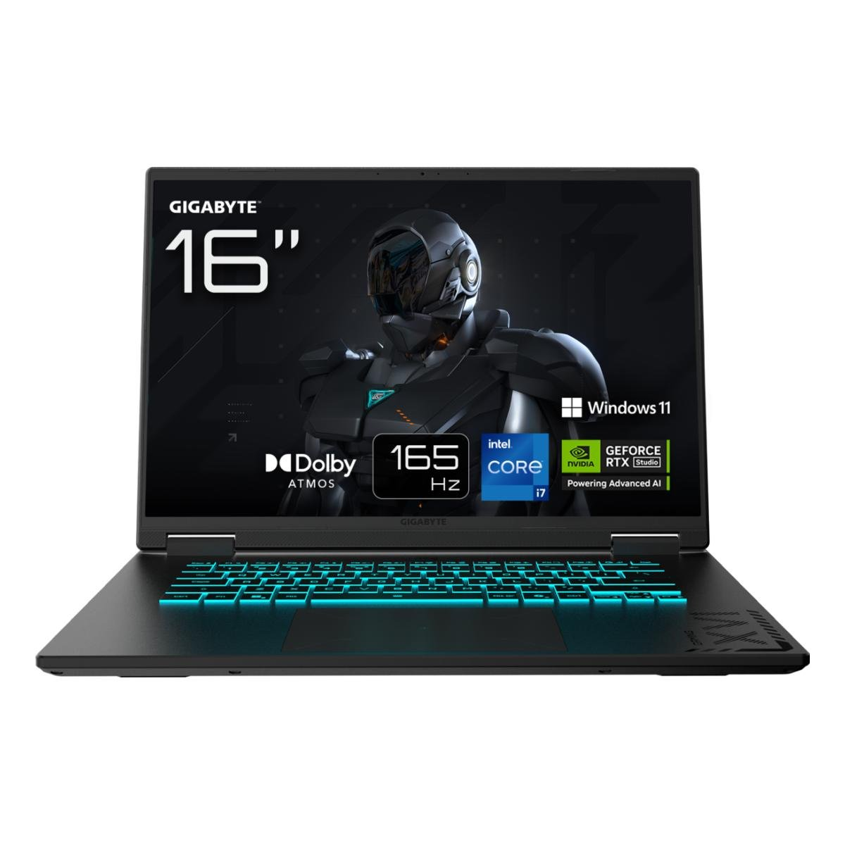 Schwarzer Laptop mit 16" Bildschirm, Grafiken und türkis hinterleuchteter Tastatur. Windows 11 Logo sichtbar.