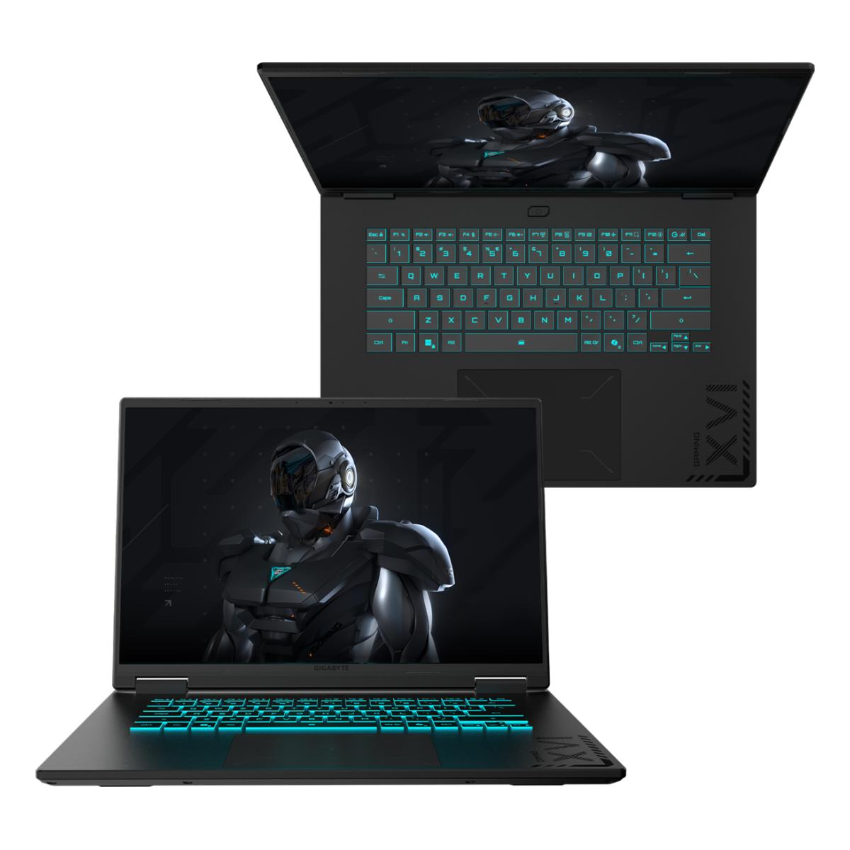 Zwei schwarze Laptops, einer offen, einer geschlossen. Beide haben futuristisches Design und GIGABYTE Logo.
