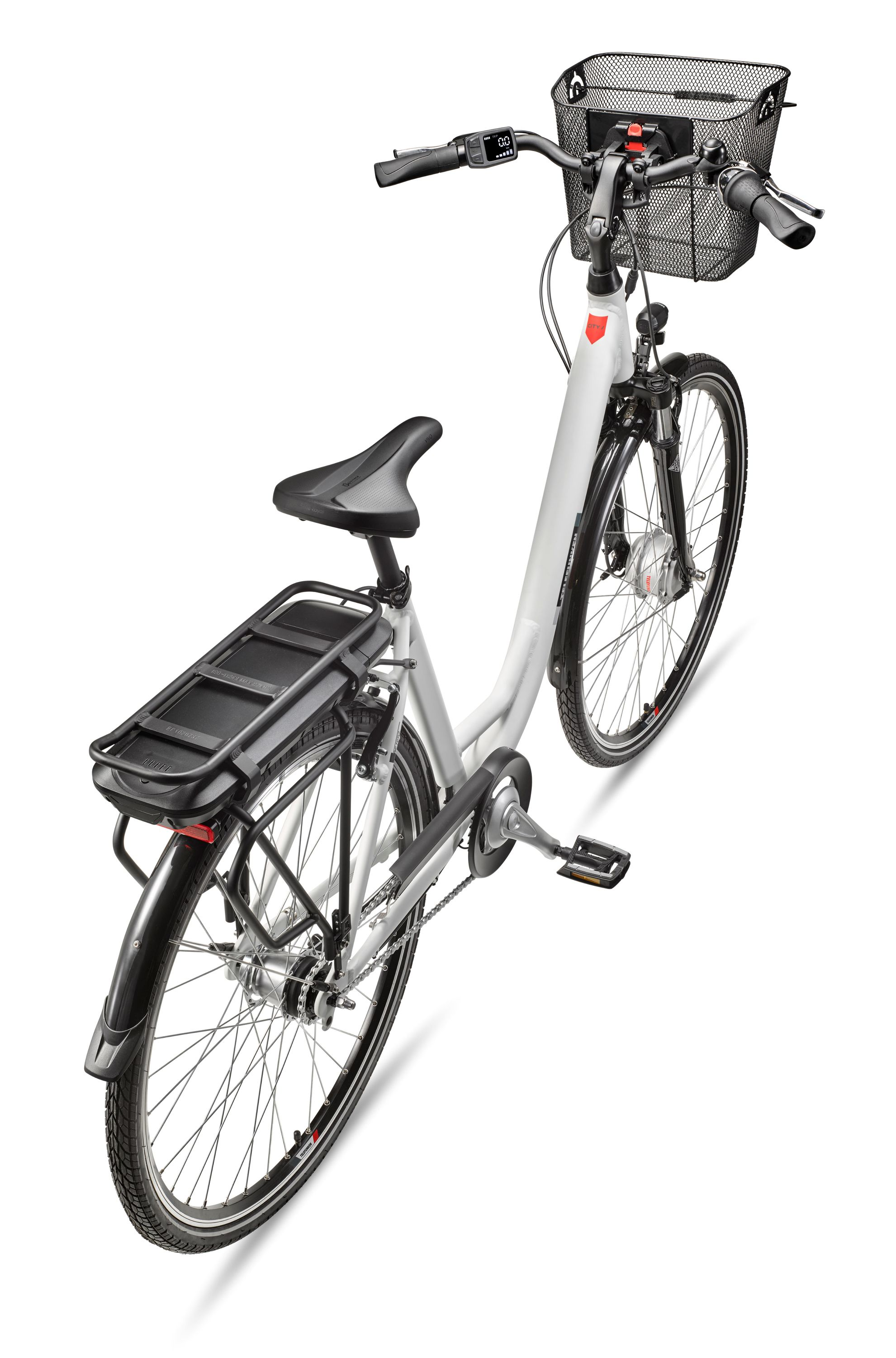Ein weißes Telefunken E-Bike von oben. Schwarze Komponenten, Reifen und ein Korb. Schwarze Batterie auf dem Gepäckträger. Weißer Hintergrund.
