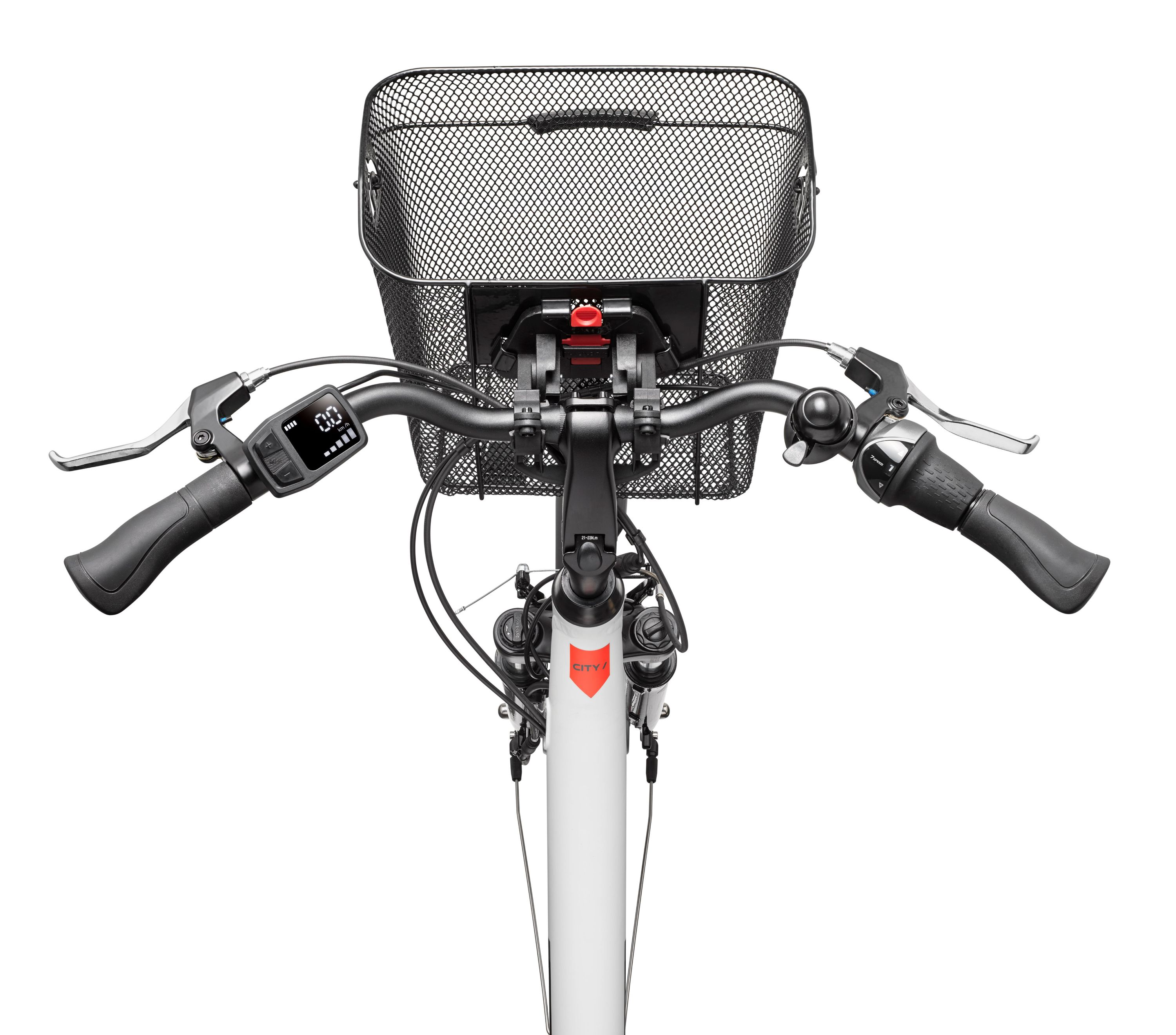 Draufsicht auf den Lenker eines Fahrrads mit Korb, Display, Bremshebeln und schwarzen Griffen.