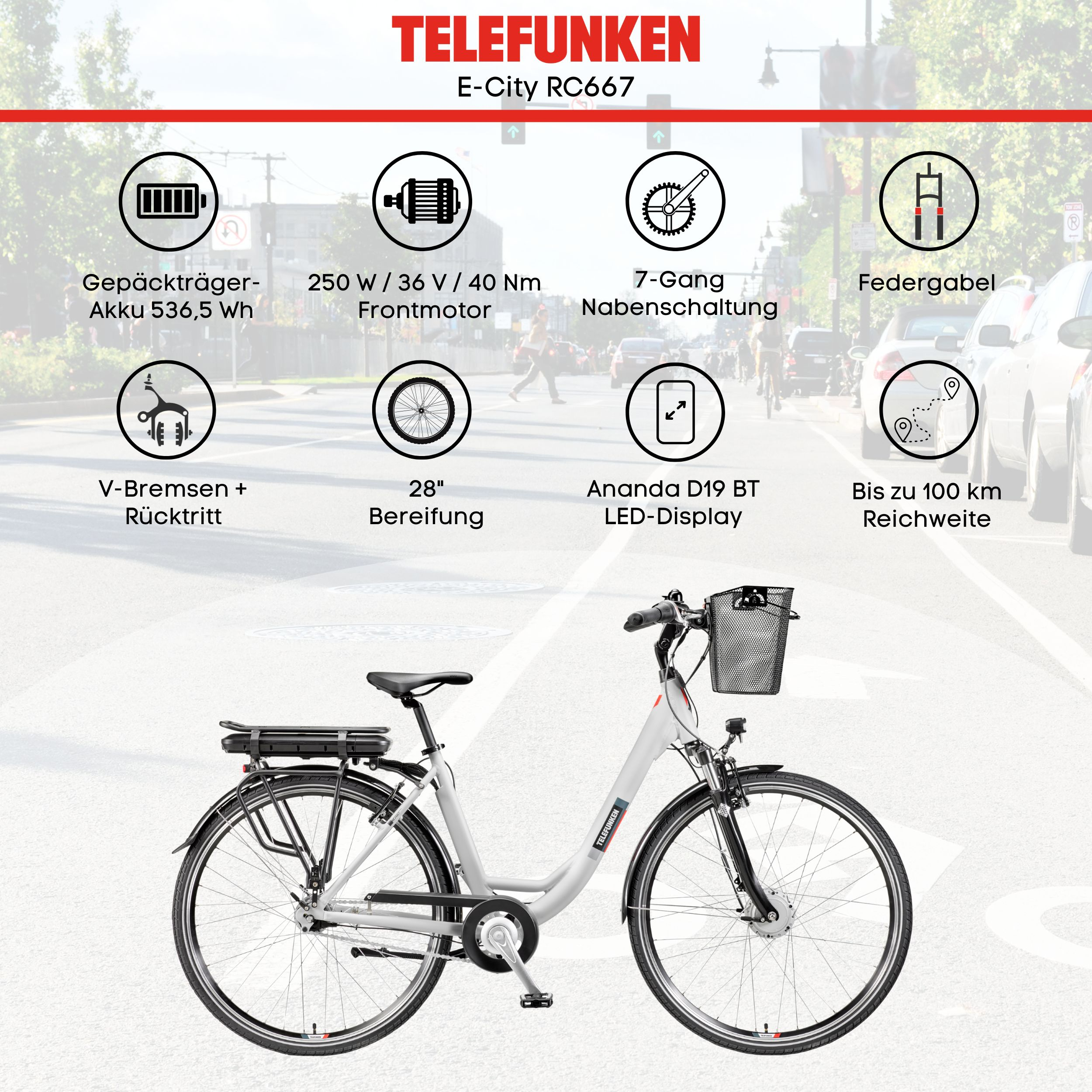 Weißes E-Bike mit schwarzen Akzenten, einem Korb und Infografiken. Hintergrund hat Bäume und Autos.