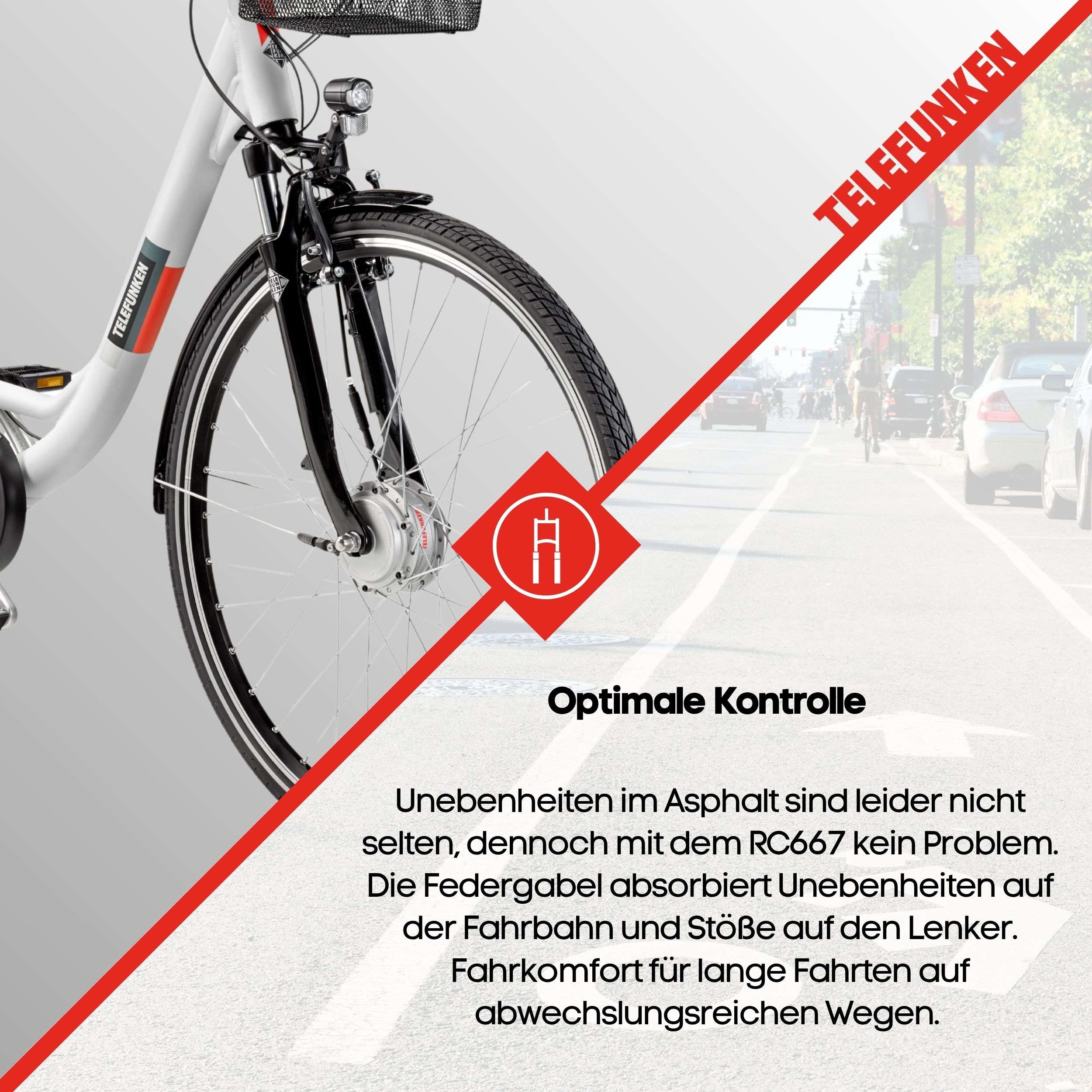 Weißes Telefunken E-Bike mit Text über optimale Kontrolle. Stadtstraßenhintergrund.