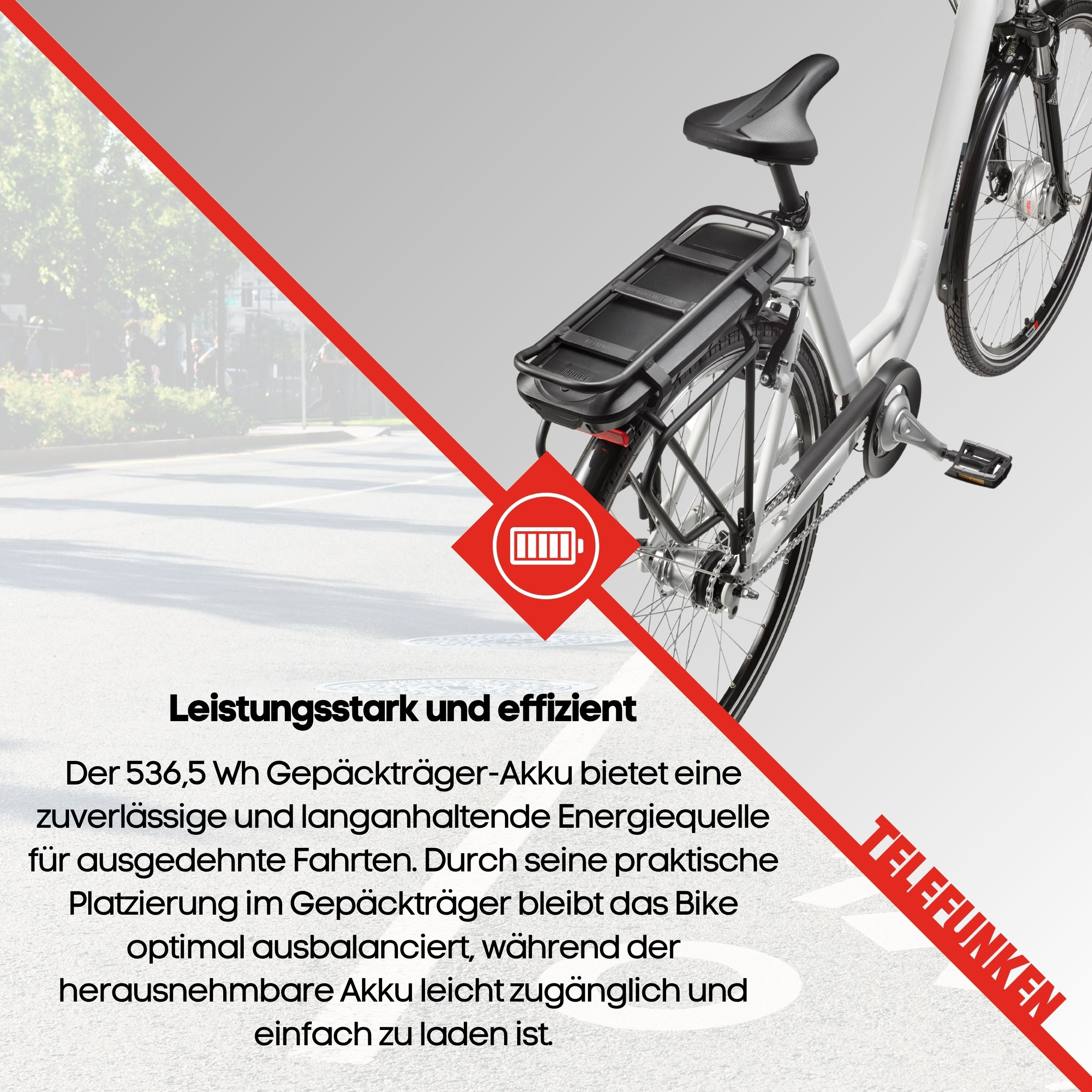Weißes Telefunken E-Bike mit Akku auf dem Gepäckträger und Text zum Akku.