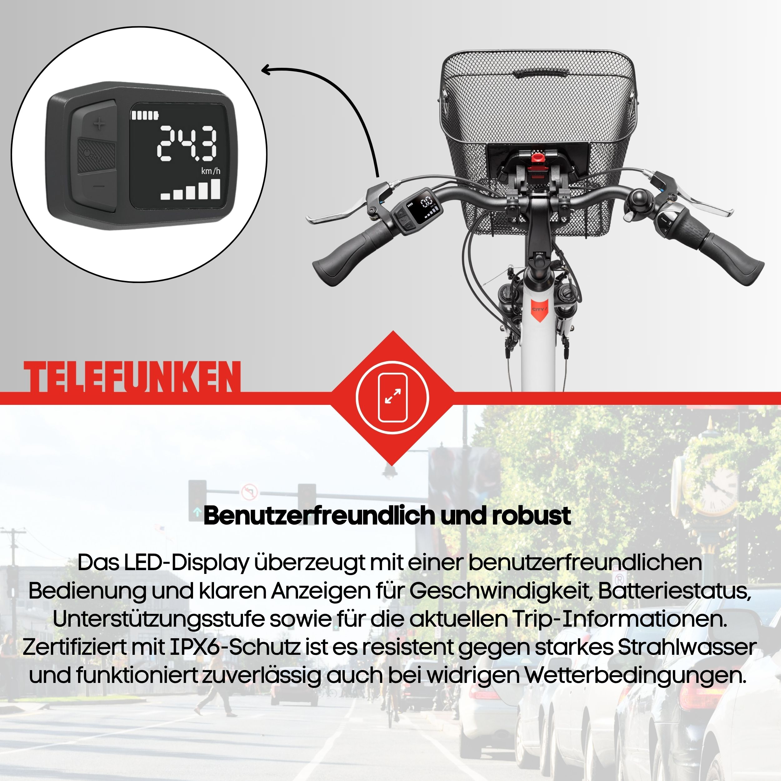 E-Bike-Lenker mit Display, das 24,3 km/h anzeigt. Benutzerfreundliches Design mit Batteriestatus.