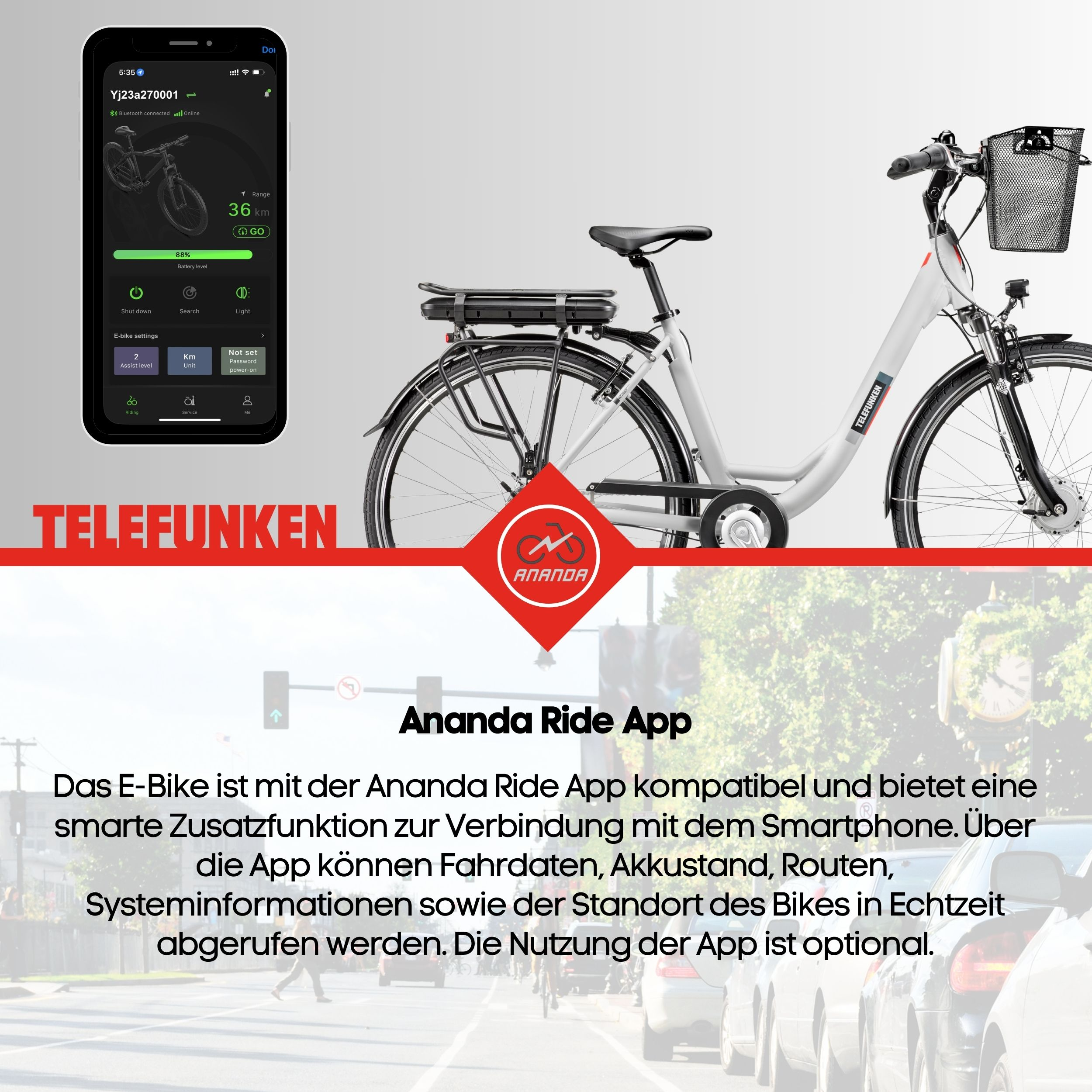 Ein Telefunken E-Bike mit App-Oberfläche auf einem Telefon. Stadtstraßenhintergrund.