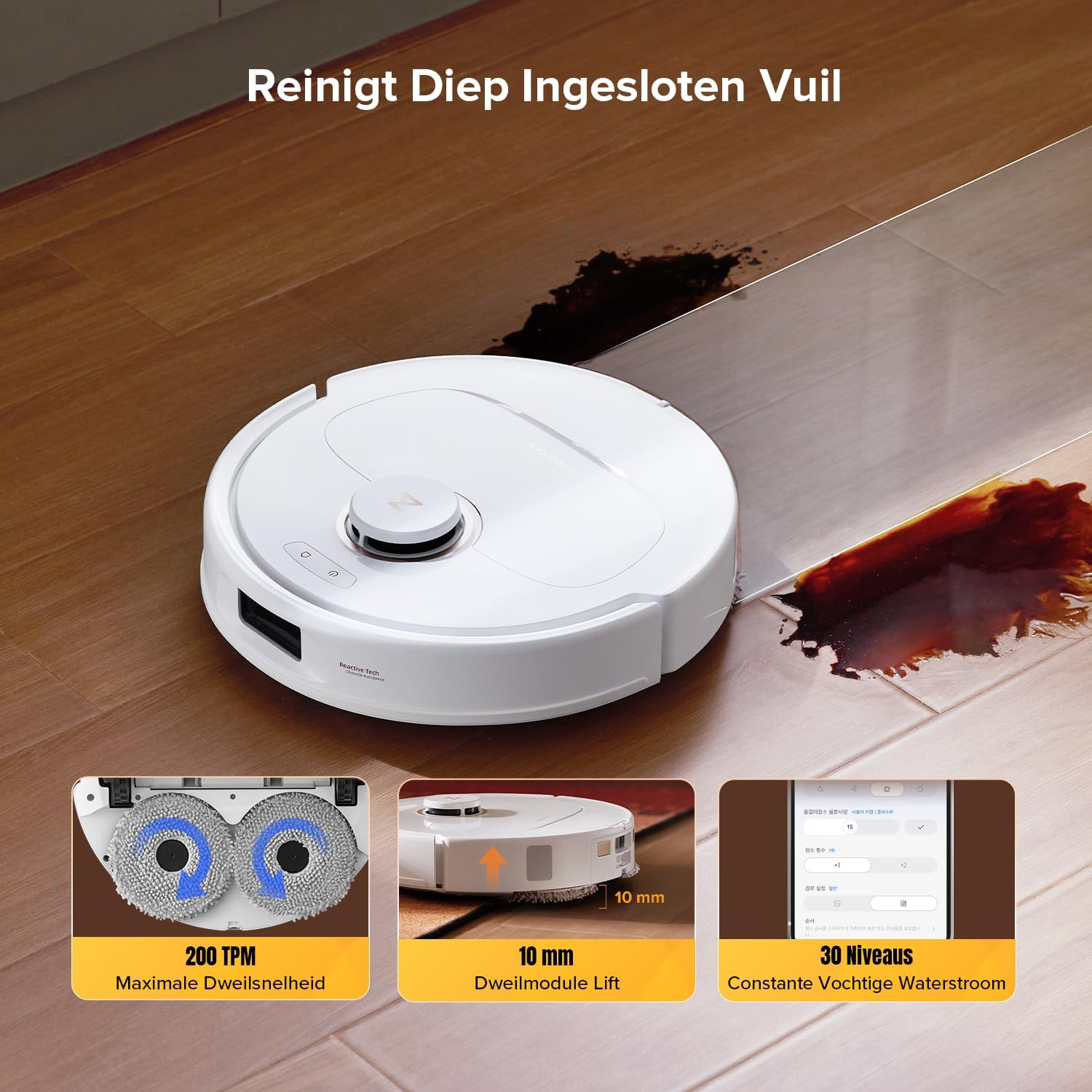 Aspirateur Roborock nettoyant un sol. Montre un nettoyage en profondeur et un flux d'eau. Robot blanc et sol en bois.