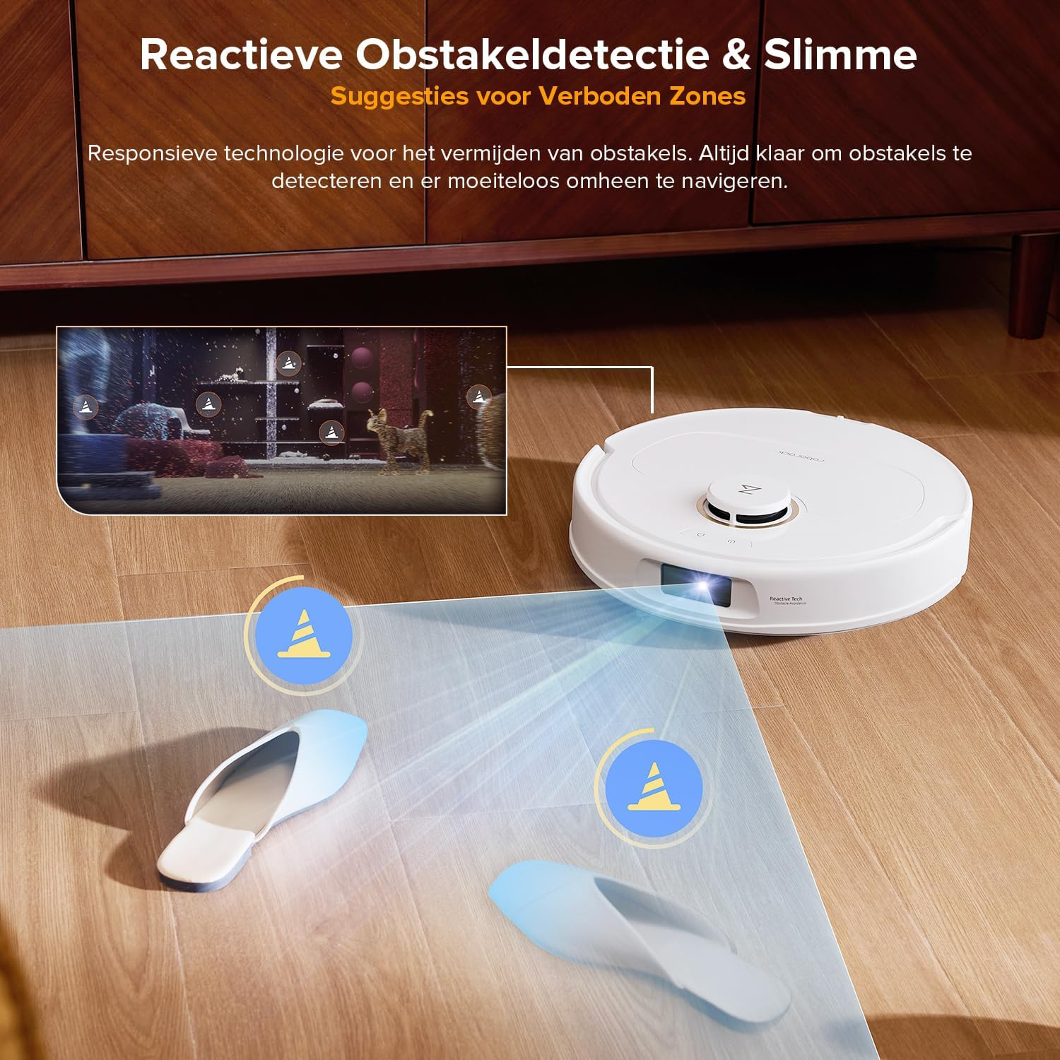 Un aspirateur robot blanc sur un sol en bois, avec du texte sur la détection d'obstacles et les zones interdites.