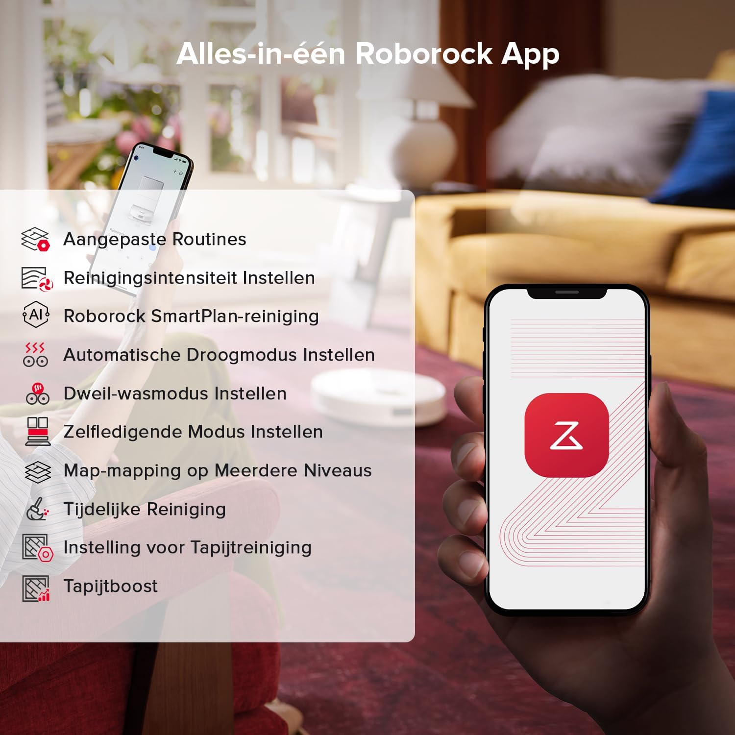 Smartphone affichant l'interface de l'application Roborock. Divers modes de nettoyage sont affichés. Interface rouge et blanche.