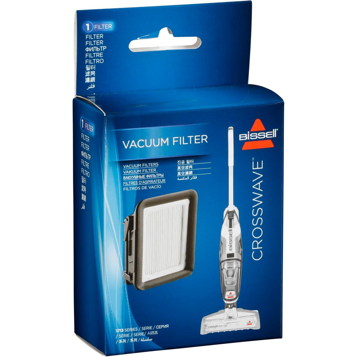 Pudełko filtra do odkurzacza, biały filtr w niebieskim pudełku, marka Bissell, z wielojęzycznymi etykietami.