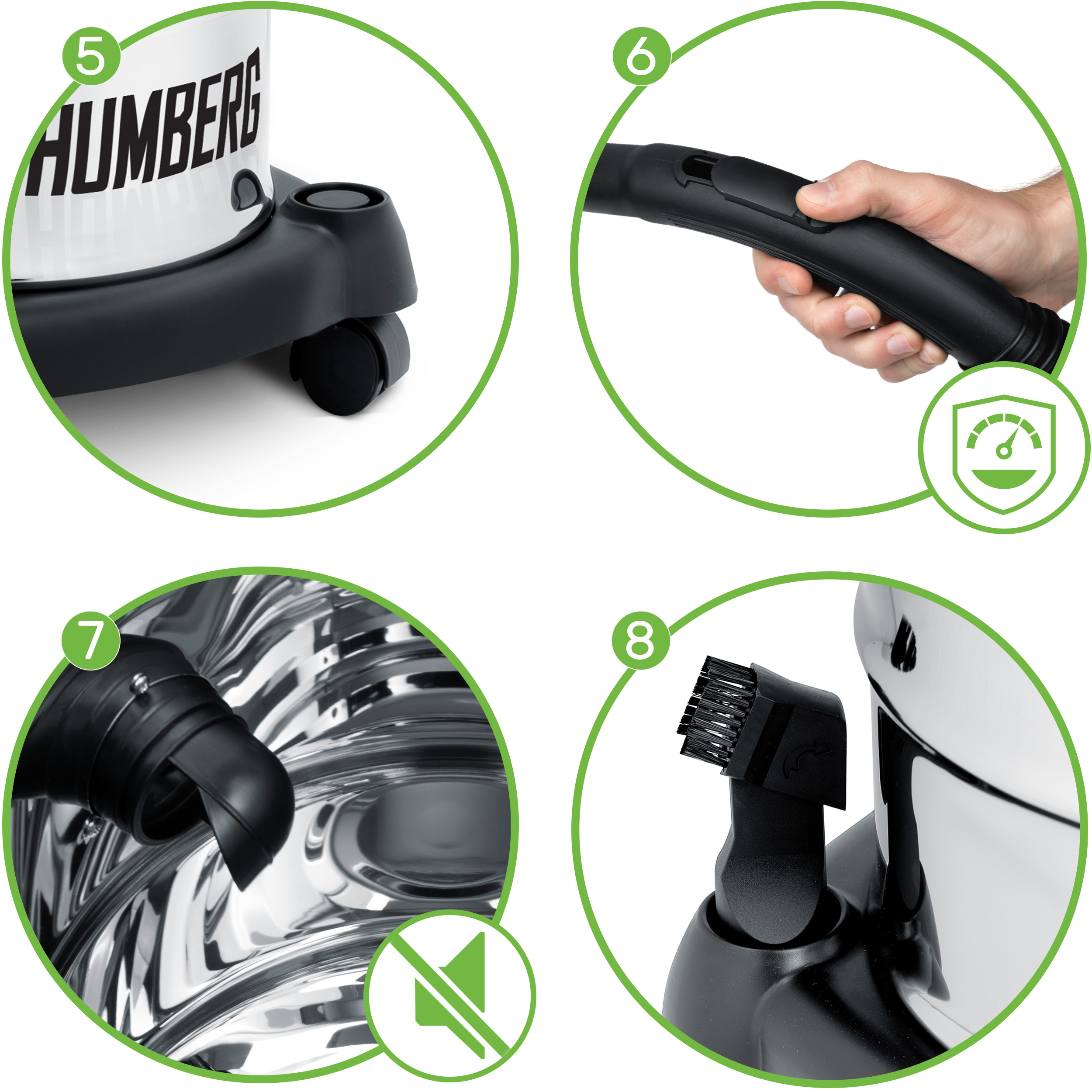 Części odkurzacza. Szczegółowe ujęcia podstawy, węża, uchwytu i szczotki. Numery 5, 6, 7 i 8 wskazują części.