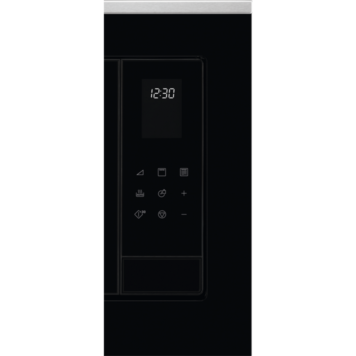 Zbliżenie czarnego panelu sterowania kuchenki mikrofalowej. Wyświetla czas, ikony i przyciski sterowania. Tło jest czarne.