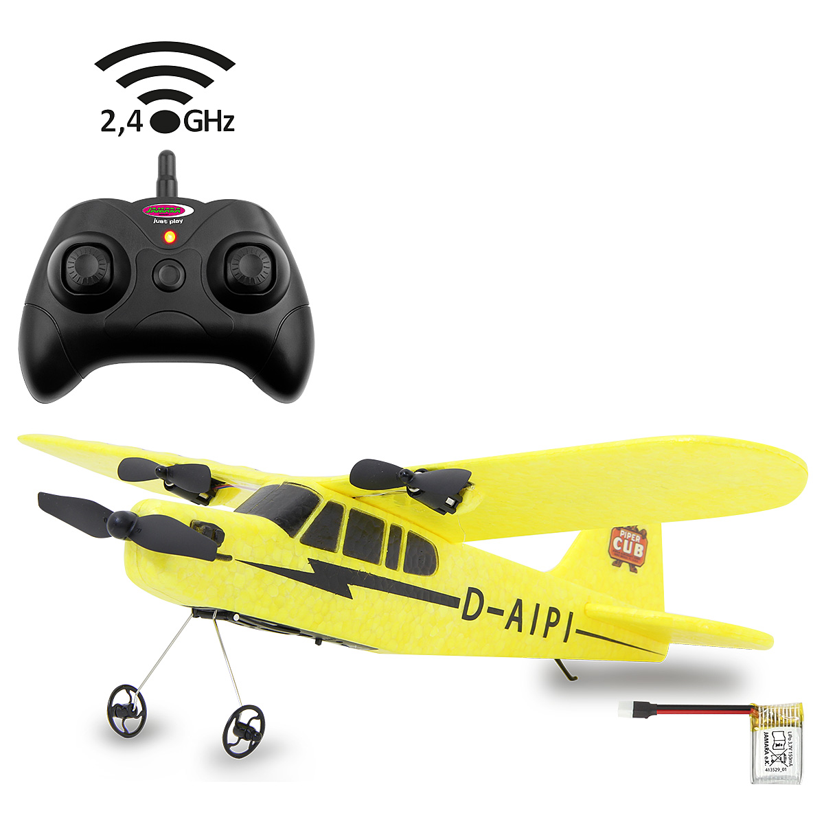 Gelbes Spielzeugflugzeug mit Fernbedienung. Propeller und Flügel sind sichtbar. Text auf dem Flugzeug lautet D-AIPI.