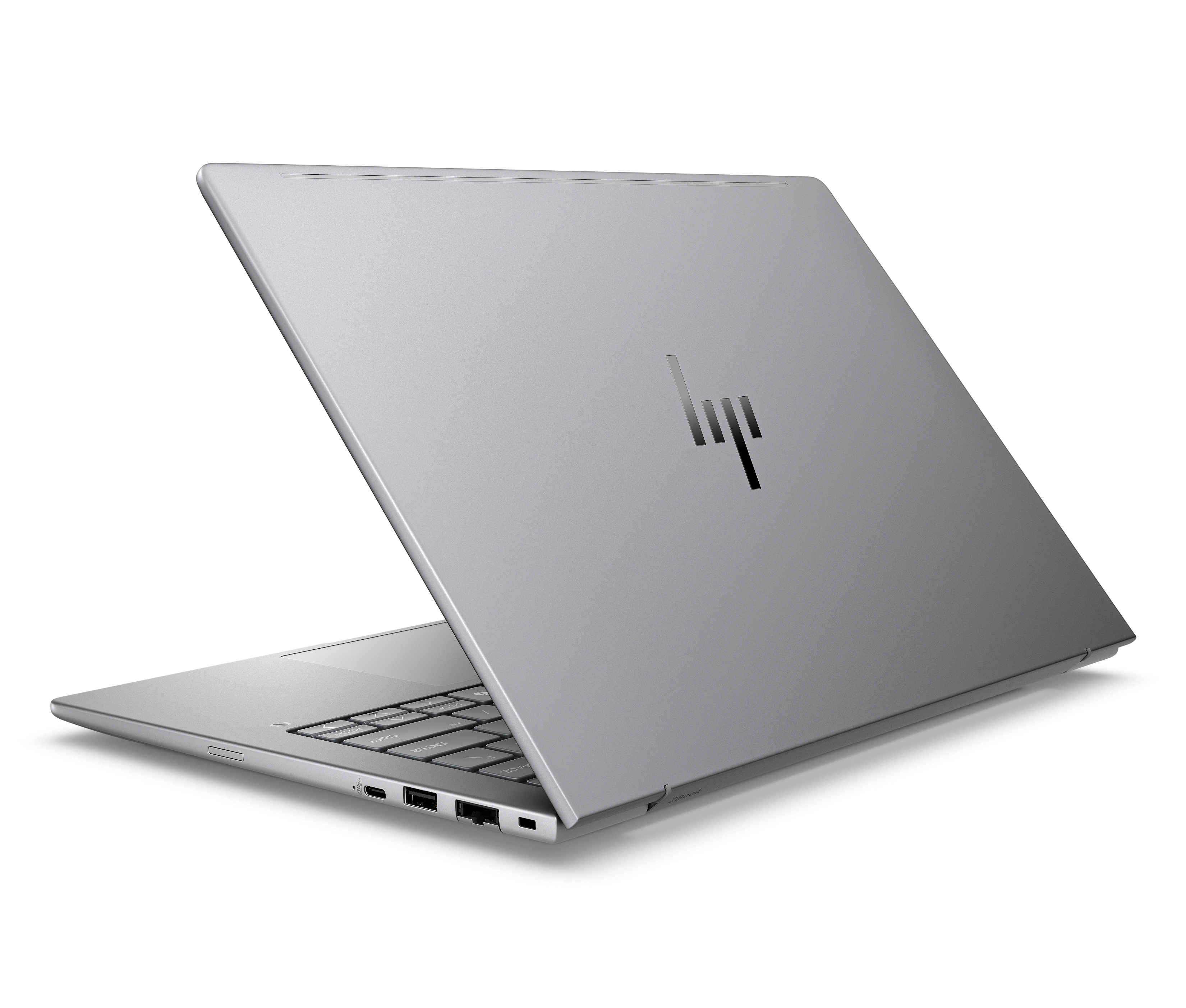 Un laptop argentato con logo HP sul retro, leggermente aperto.