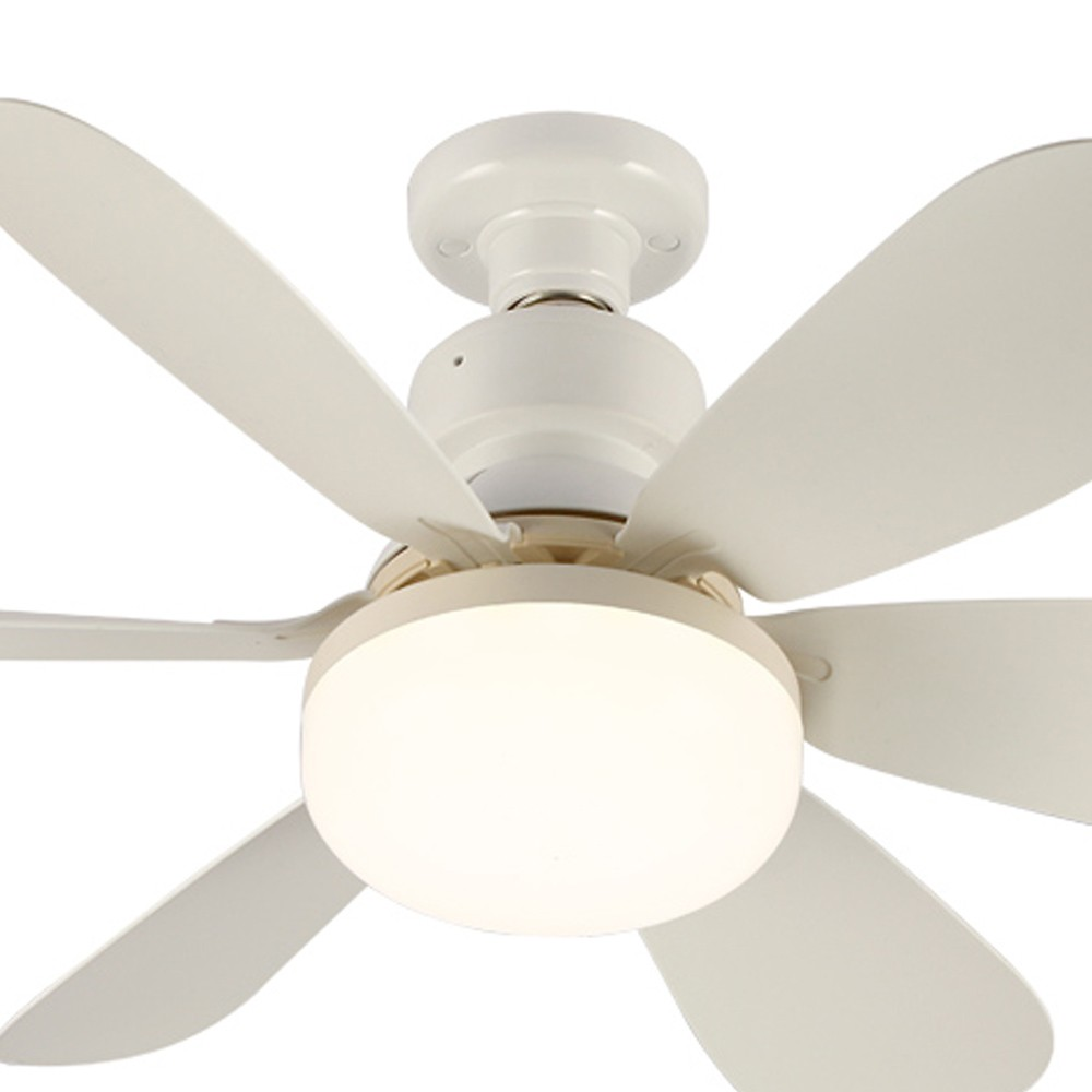 Primer plano de un ventilador de techo con cinco aspas blancas y una lámpara central.