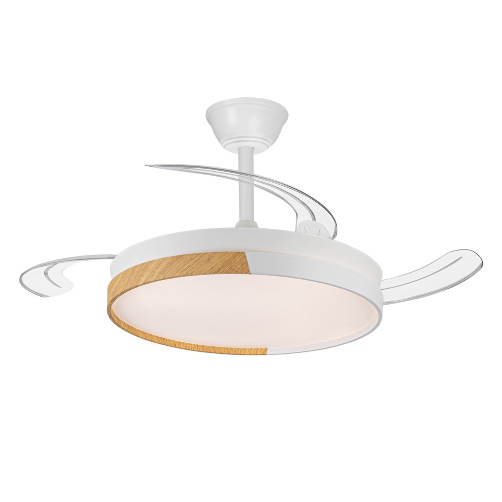 Ventilador de techo con luz. Blanco con ribete de madera en un lado y aspas transparentes.