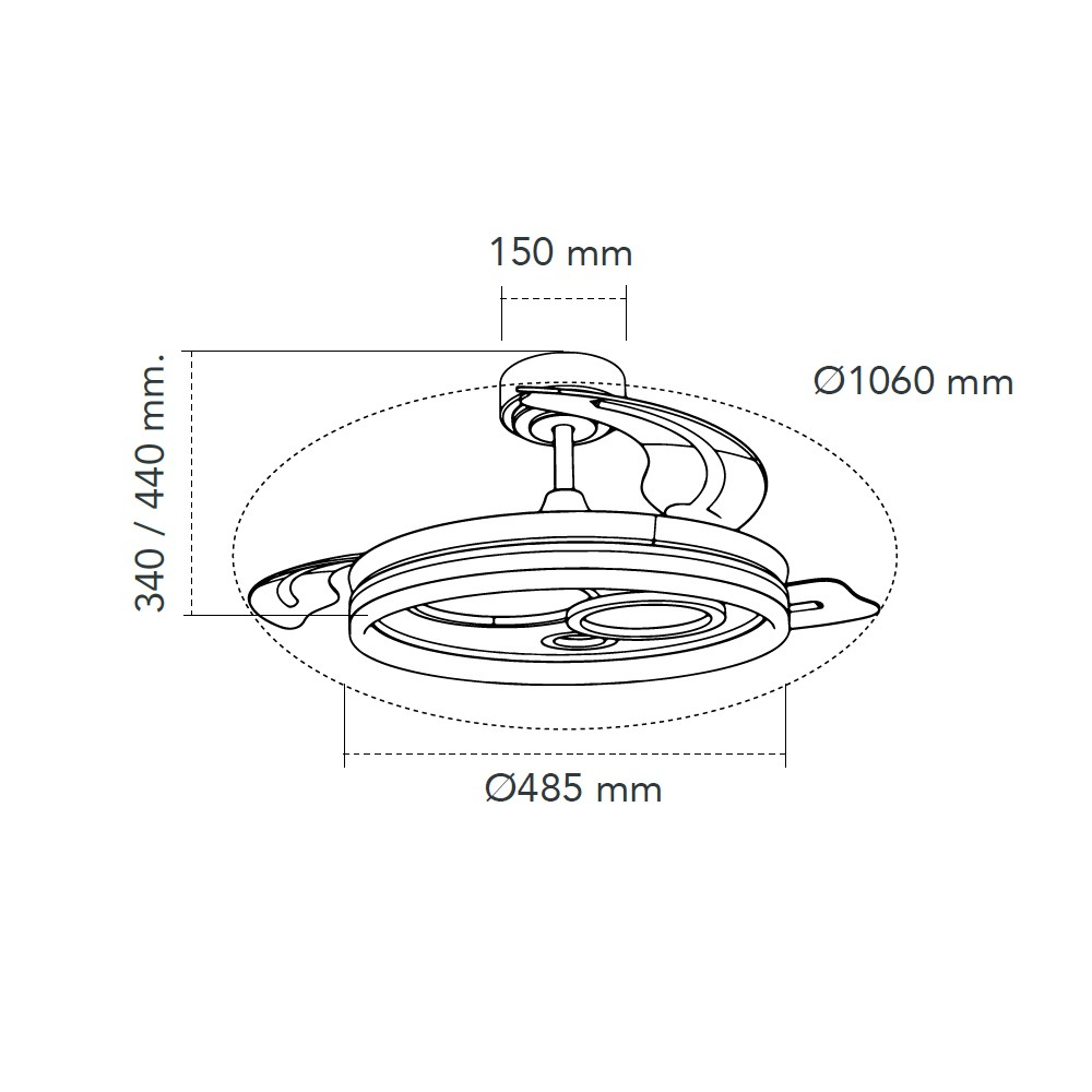 Diagrama con dimensiones de un ventilador de techo.