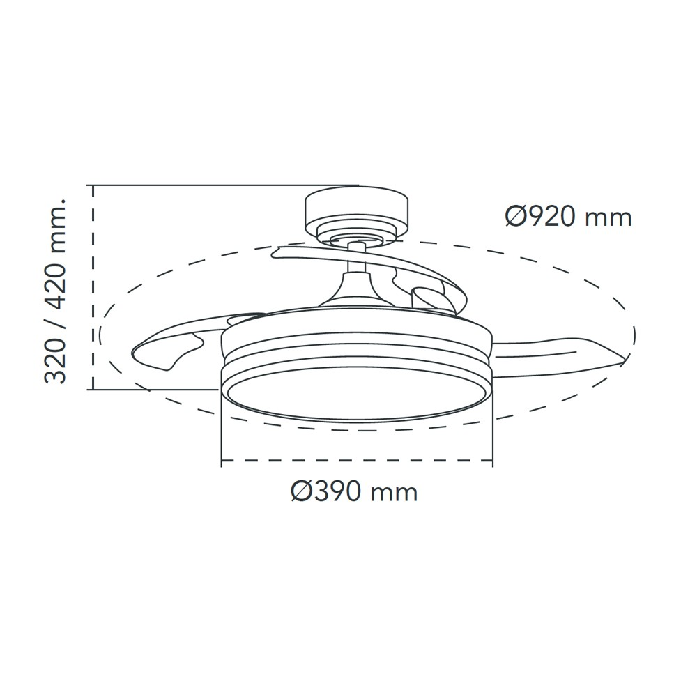 Diagrama de un ventilador de techo con dimensiones en mm. Muestra el diámetro y alcance de las aspas. Líneas discontinuas.