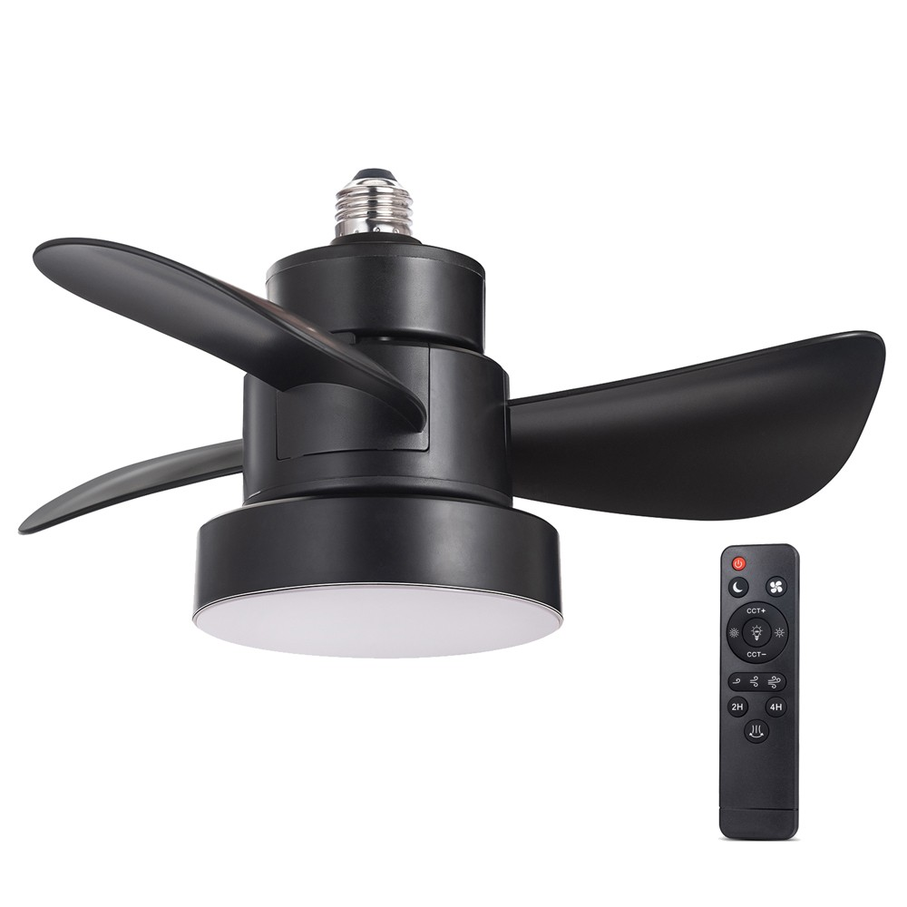 Ventilador de techo negro con tres aspas, una bombilla y un mando a distancia.