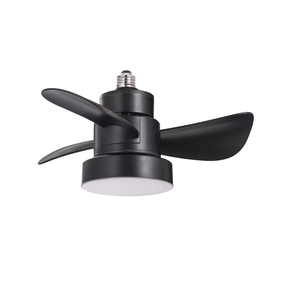 Ventilador de techo negro con tres aspas y luz integrada. El ventilador es completamente negro.