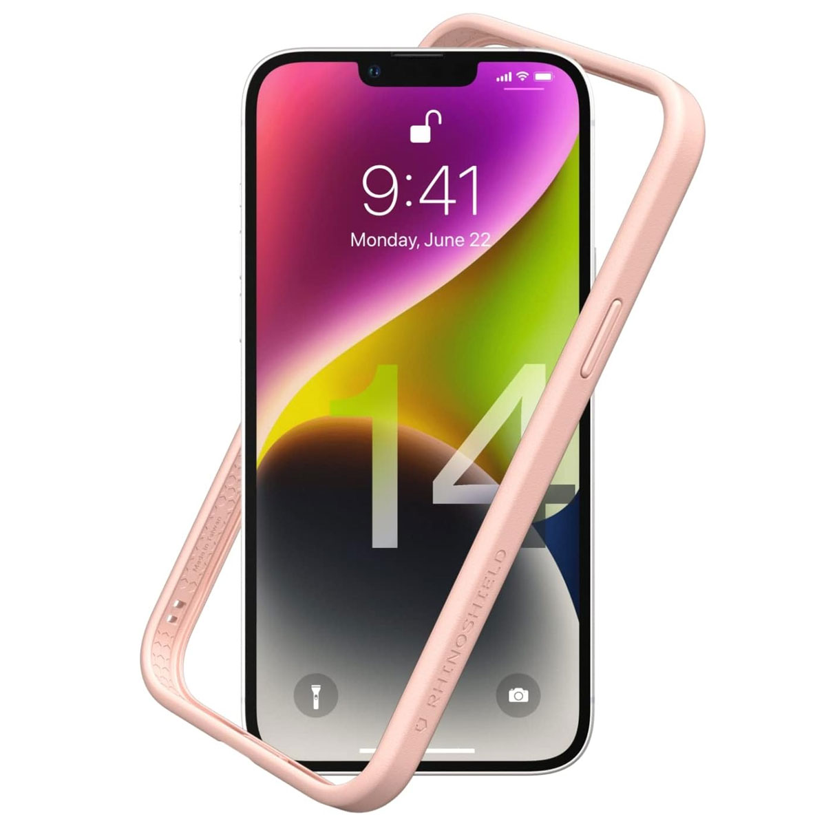 Custodia rosa per telefono con un telefono all'interno che mostra l'ora e un'icona di blocco.