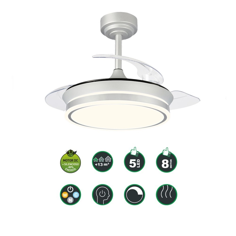Ventilador de techo plateado con luces LED y aspas retráctiles. Incluye iconos de funciones.