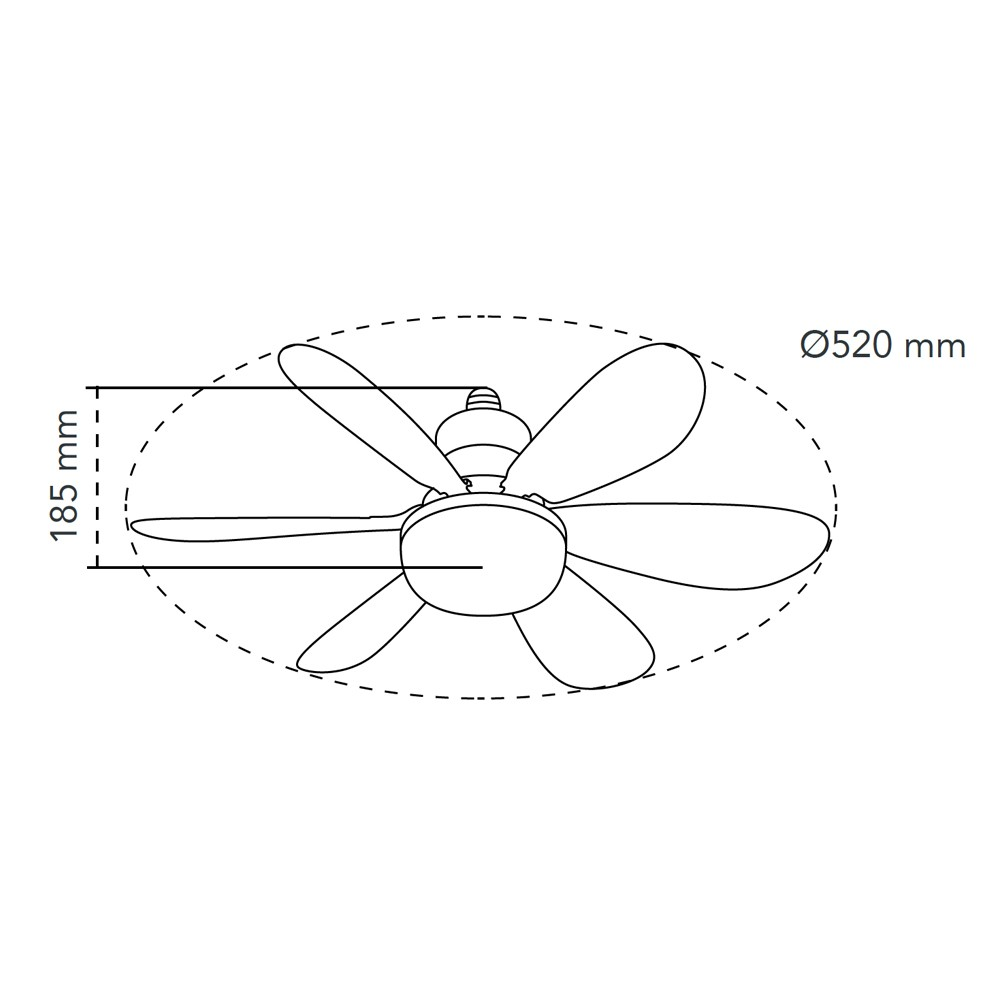 Dibujo lineal de un ventilador de techo con cinco aspas y dimensiones etiquetadas.