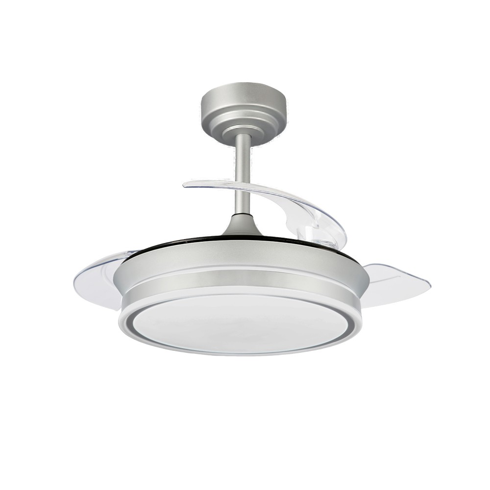 Ventilador de techo plateado con aspas retráctiles y luces LED.