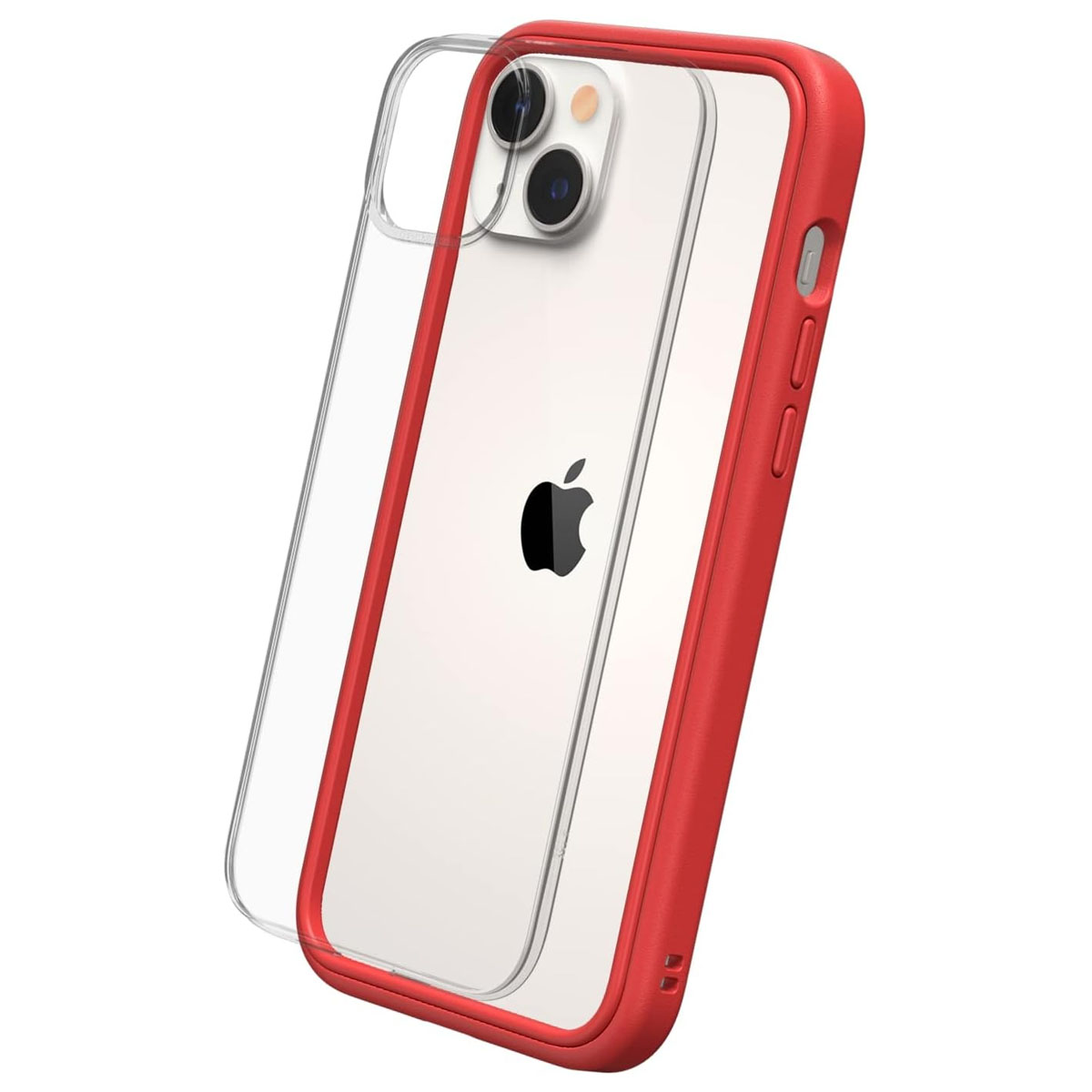 Custodia trasparente con cornice rossa attorno a un iPhone bianco. La custodia è angolata. Il logo Apple è visibile.