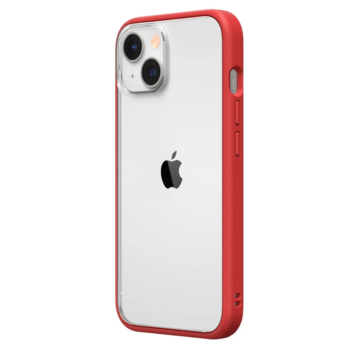 iPhone in una custodia rossa. Il telefono ha un retro trasparente e una cornice rossa. Logo Apple visibile.