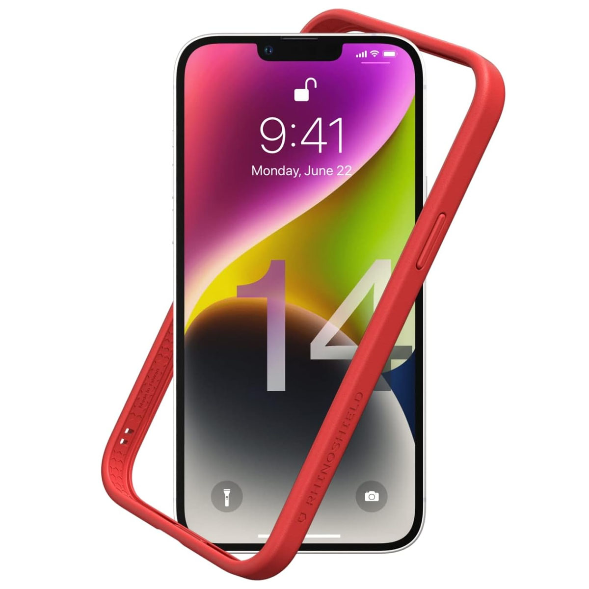 Una cornice rossa attorno a un telefono con visualizzazione dell'ora. Il display mostra le 9:41 e la data del 22 giugno.