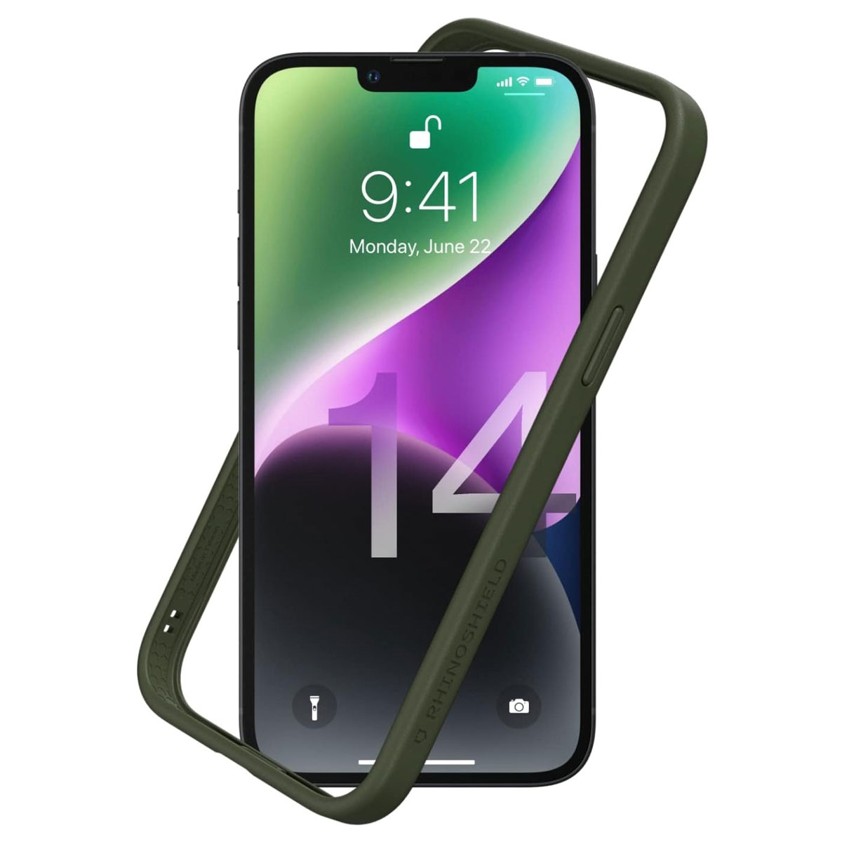 iPhone in mostra, cornice verde. Lo schermo mostra ora, data e icone delle app.