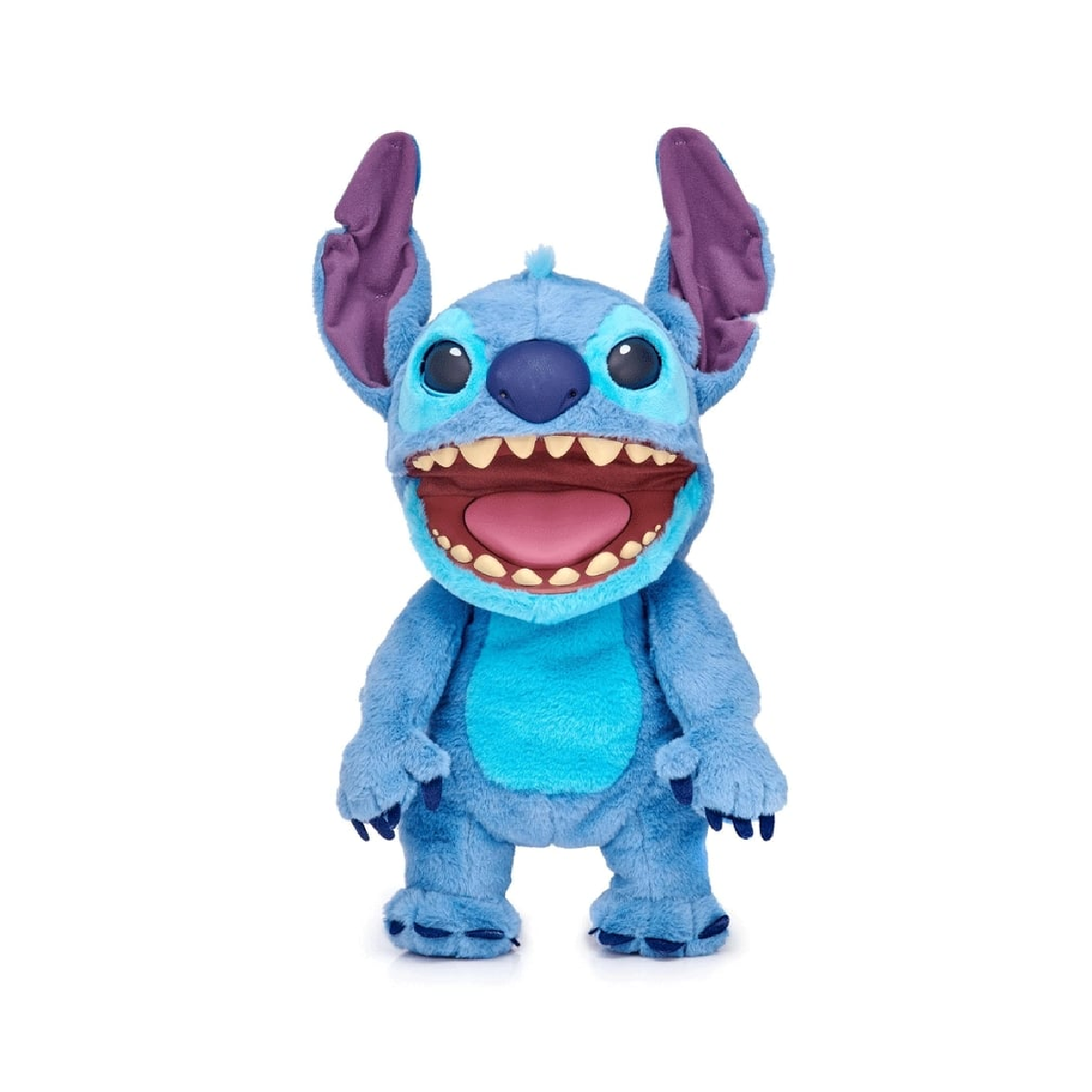 Blaues Stitch-Plüschtier mit großen Ohren, lächelndem Mund und großen, ausdrucksstarken Augen.