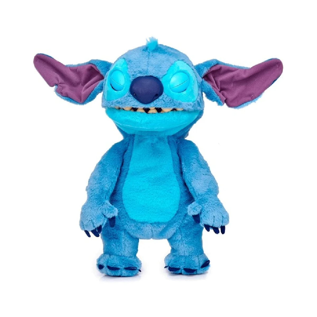 Blaues Stitch-Plüschtier, stehend, mit geschlossenen Augen, lächelndem Gesicht und großen Ohren.