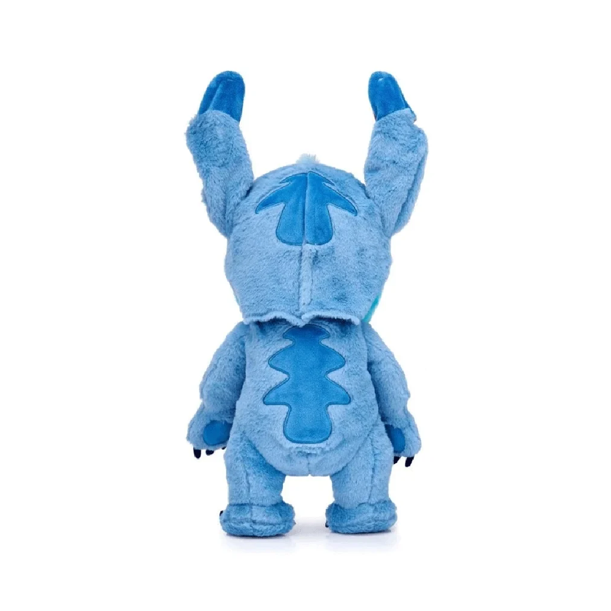 Blaues Stitch-Plüschtier, Rückansicht. Mit Schwanz und Muster auf dem Rücken.
