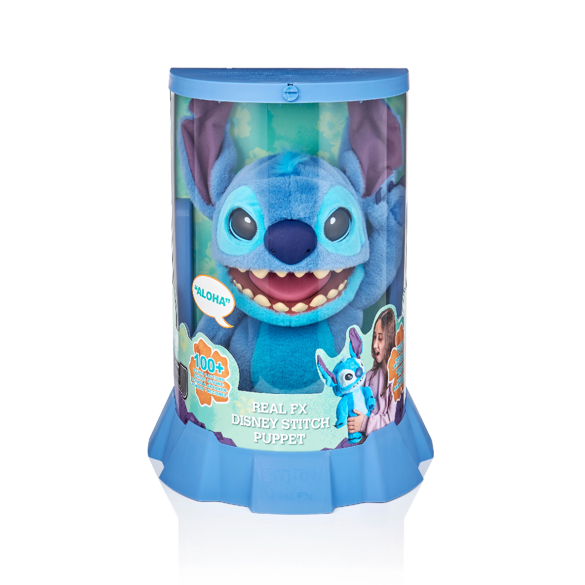 Stitch-Spielzeug in einem durchsichtigen Behälter. Das Spielzeug hat große Ohren und ist blau.
