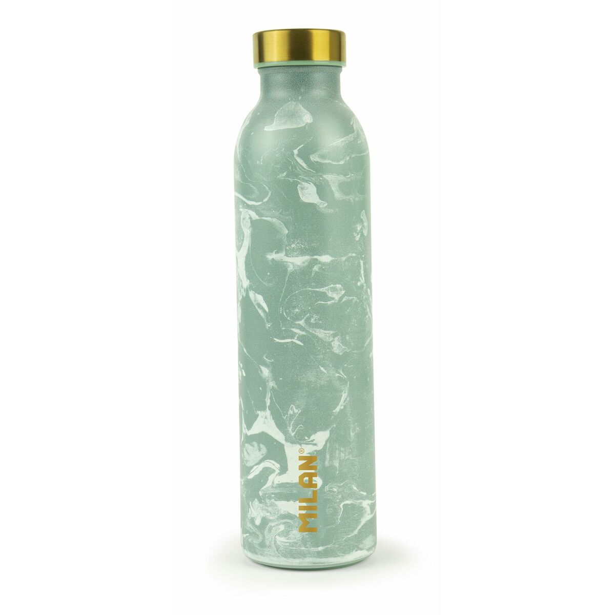 Eine mintgrüne Wasserflasche mit Marmormuster, goldener Kappe und orangefarbenem Logo. Die Flasche steht.