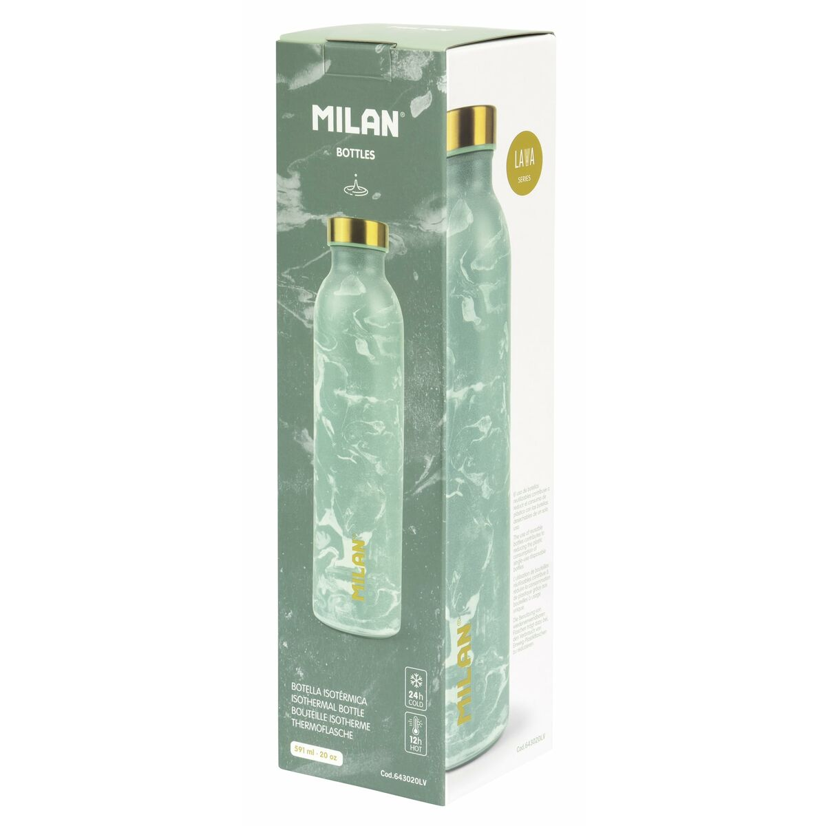 Wasserflasche in einer Box, mintgrün mit Marmormuster, goldener Kappe und einer weißen und grünen Box.