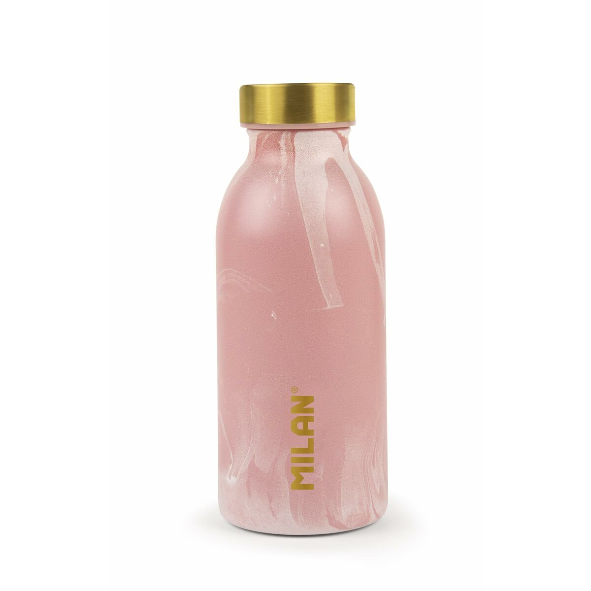 Eine rosa Wasserflasche mit goldenem Deckel und dem Wort 'MILAN' in Gold.