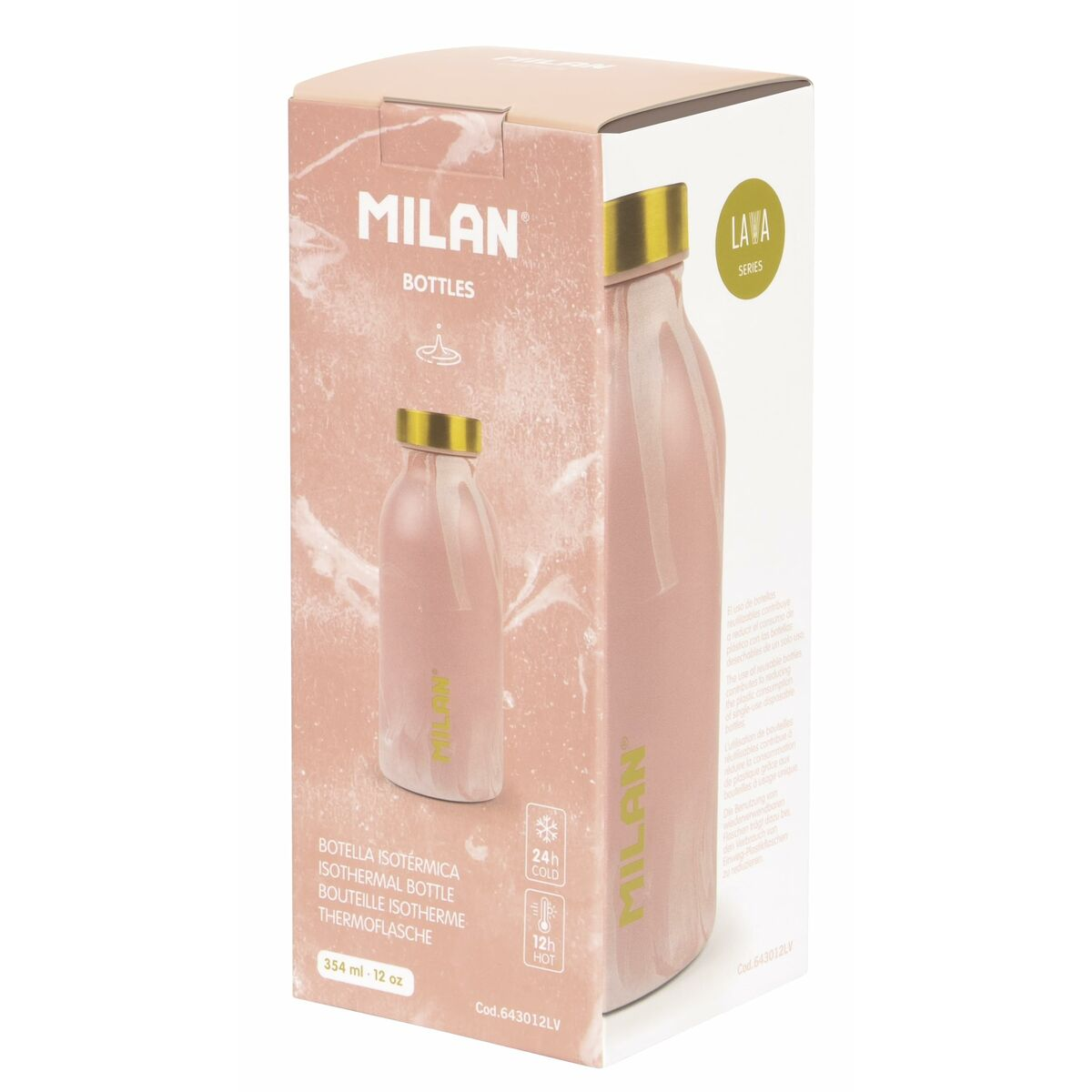 Eine rosa-goldene Wasserflasche in ihrer Box. Die Box trägt den Markennamen Milan und Flaschendetails.