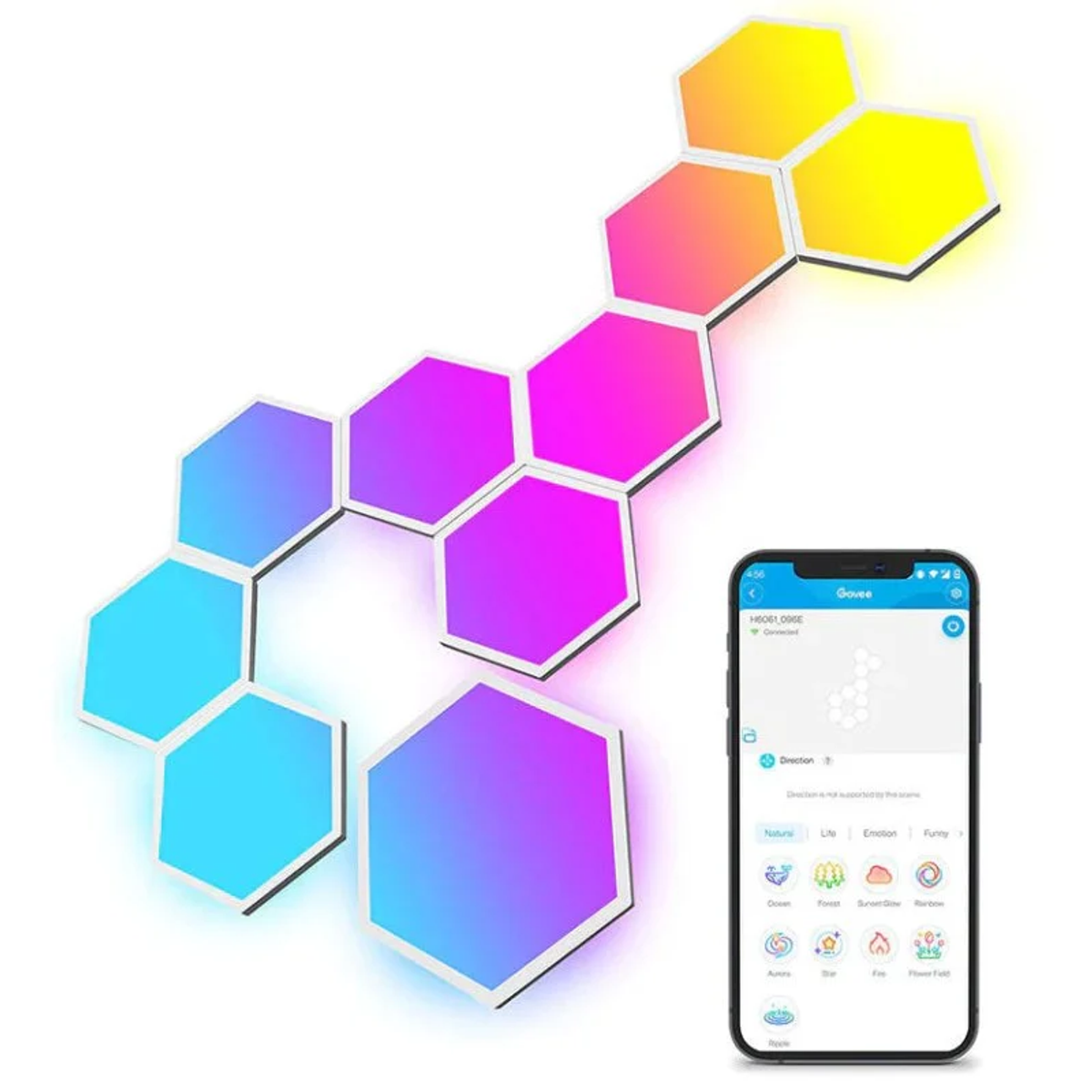 Grupa sześciokątnych świateł LED z telefonem pokazującym kontrolę aplikacji.