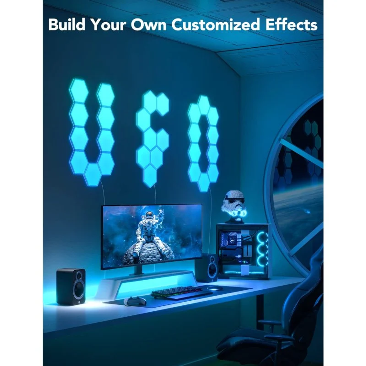 Konfiguracja do gier z sześciokątnymi światłami tworzącymi 'UFO', monitorem, komputerem, głośnikami i krzesłem.