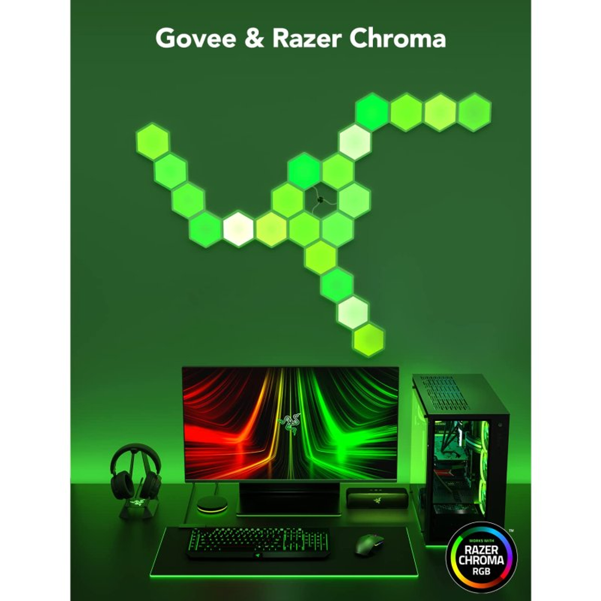 Konfiguracja do gier z zielonymi sześciokątnymi światłami LED na ścianie, komputer w zestawie.