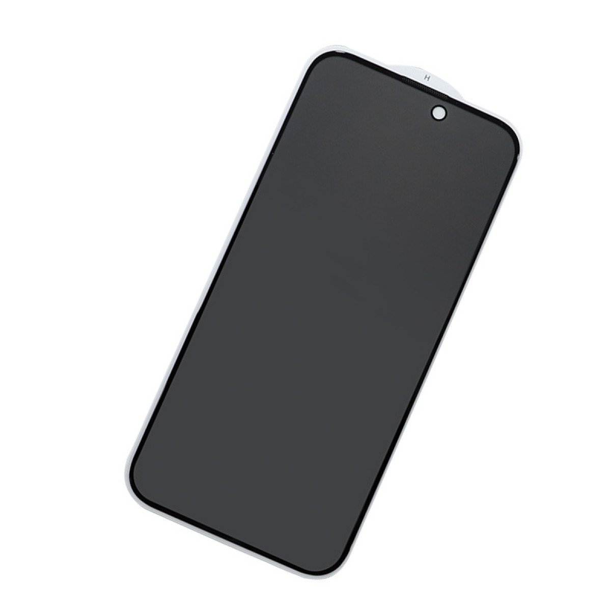 Czarna osłona ekranu telefonu z wcięciem na aparat, na białym tle.