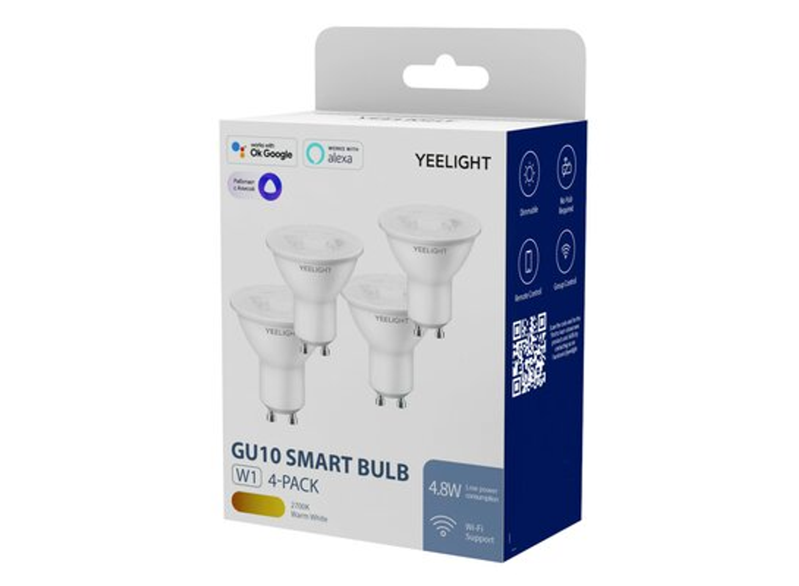 Pudełko żarówek GU10 smart, z widocznymi czterema żarówkami i tekstem o produkcie.