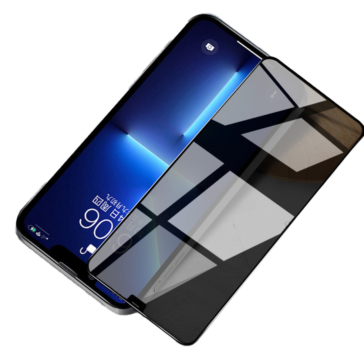 Een smartphone met een schermbeschermer. De telefoon is zwart, en de schermbeschermer is gedeeltelijk aangebracht.