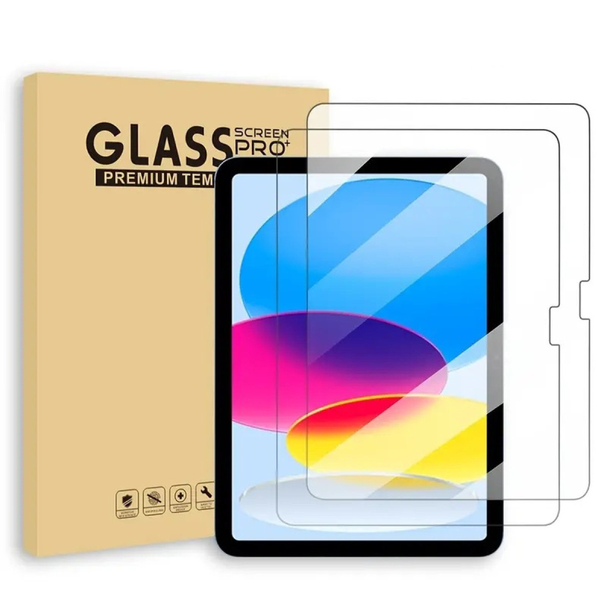 Een tablet met een schermbeschermer en een kartonnen doos met het label 'GLASS PRO'.
