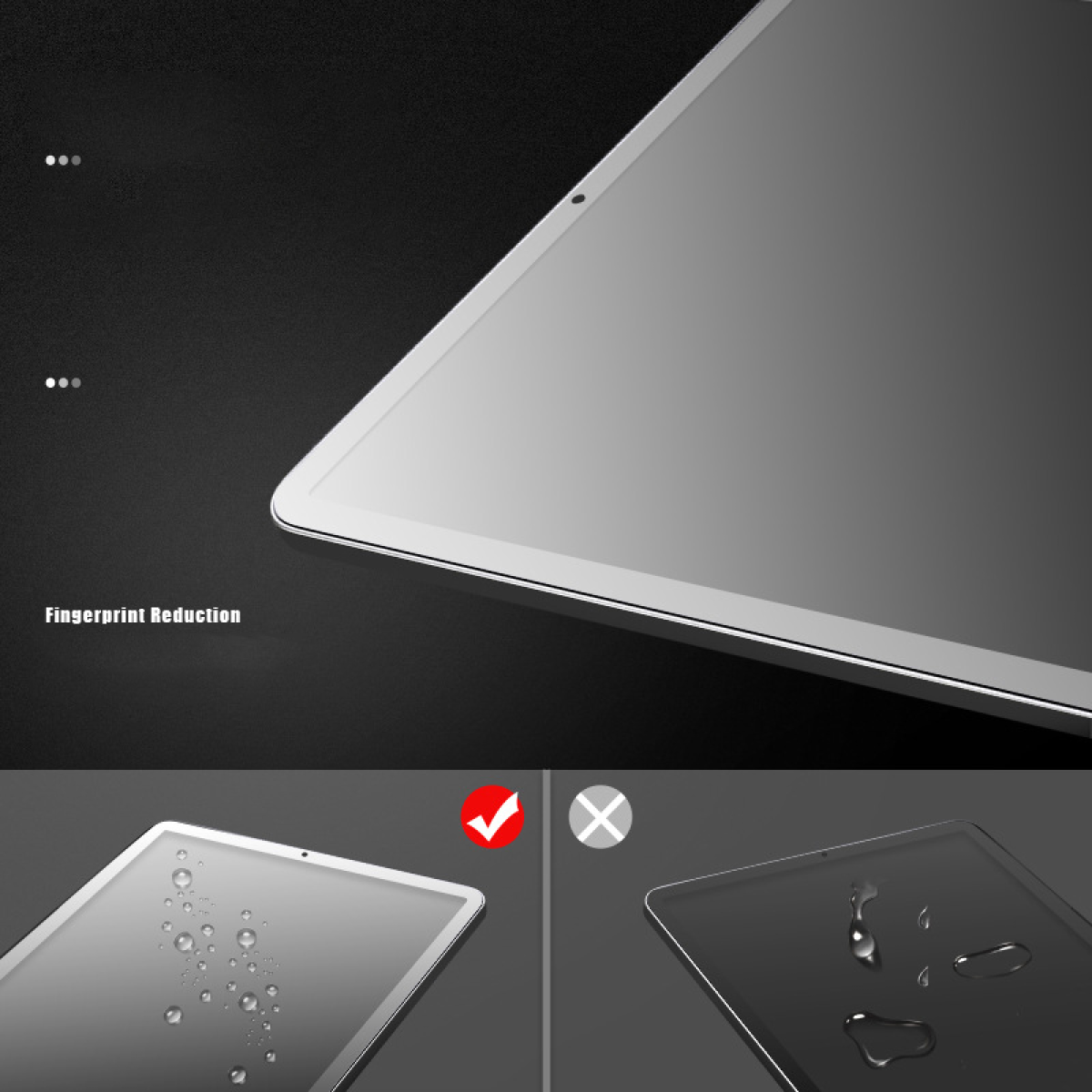 Een afbeelding die een tabletscherm met en zonder schermbeschermer toont, waarbij vingerafdrukvermindering wordt vergeleken.