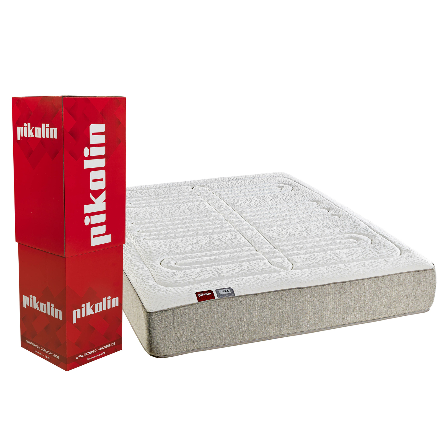 Un colchón con una caja roja al lado. La caja dice 'pikolin' en letras blancas.